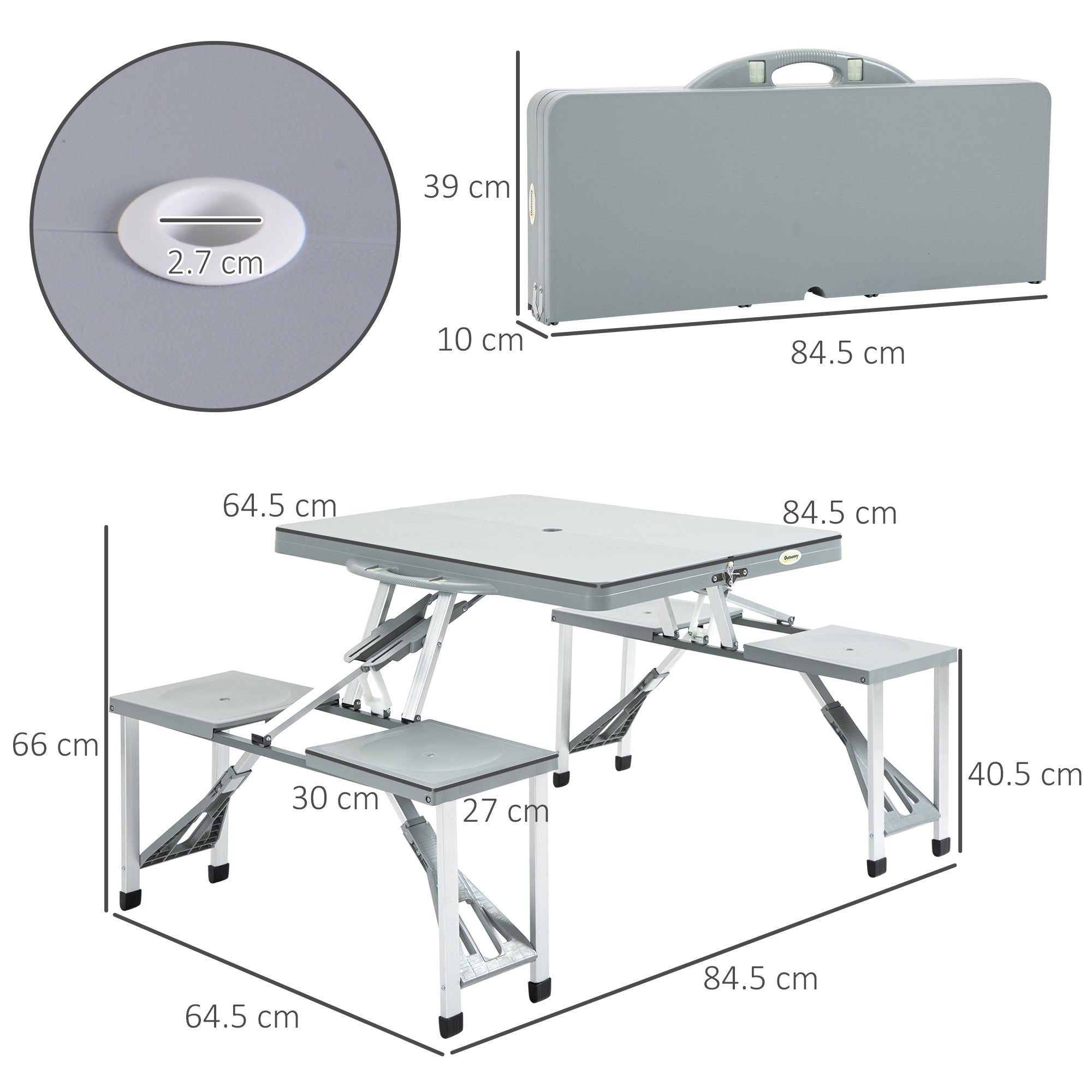 Outsunny Portable Camping Picnic Table, Foldable with Seats, Chairs and Umbrella Hole, 4-Kids Travel Table, Grey