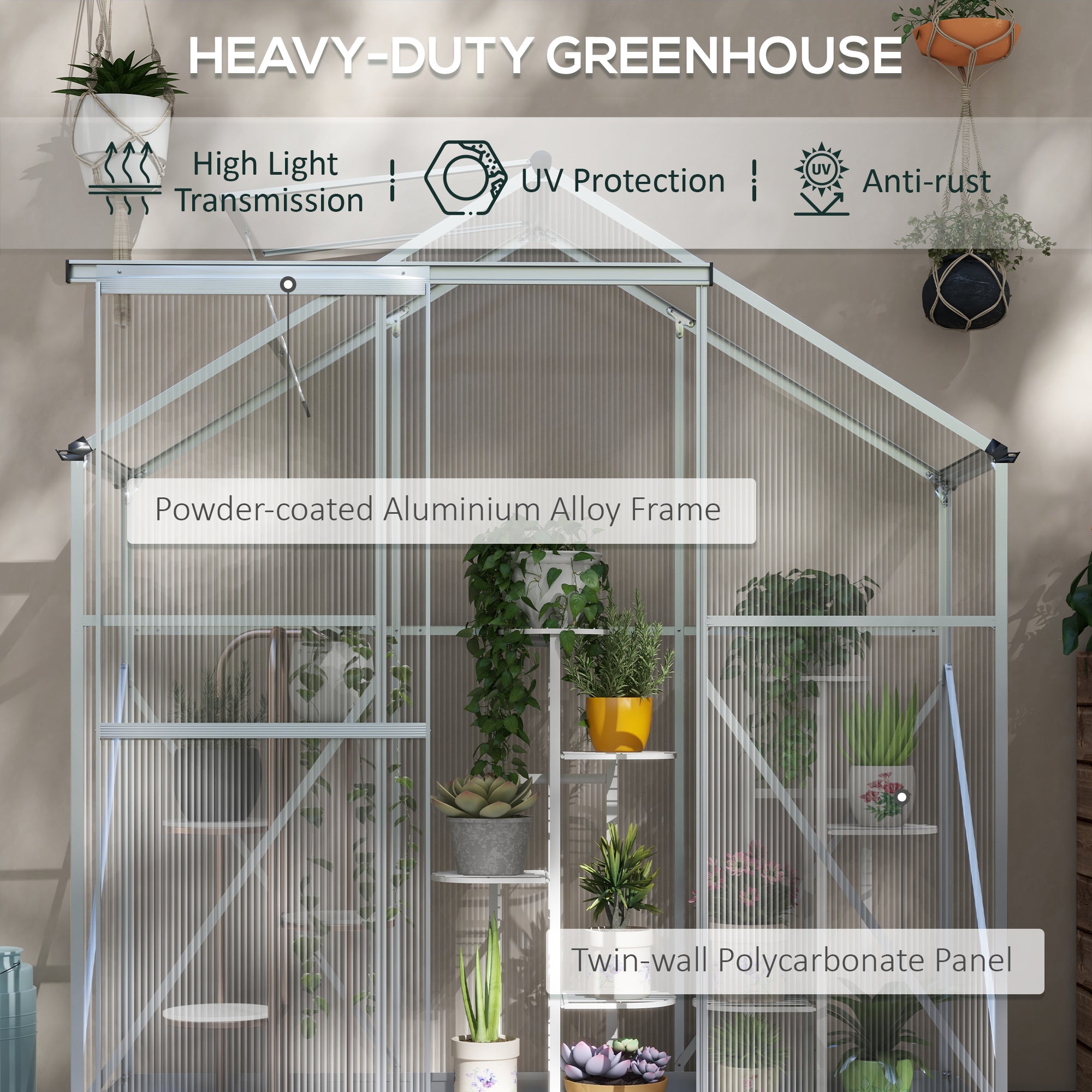 Outsunny 6 x 2.5ft Polycarbonate Greenhouse Walk-In Green House with Rain Gutter, Sliding Door, Window, Foundation, Silver - North Peak Garden Furniture
