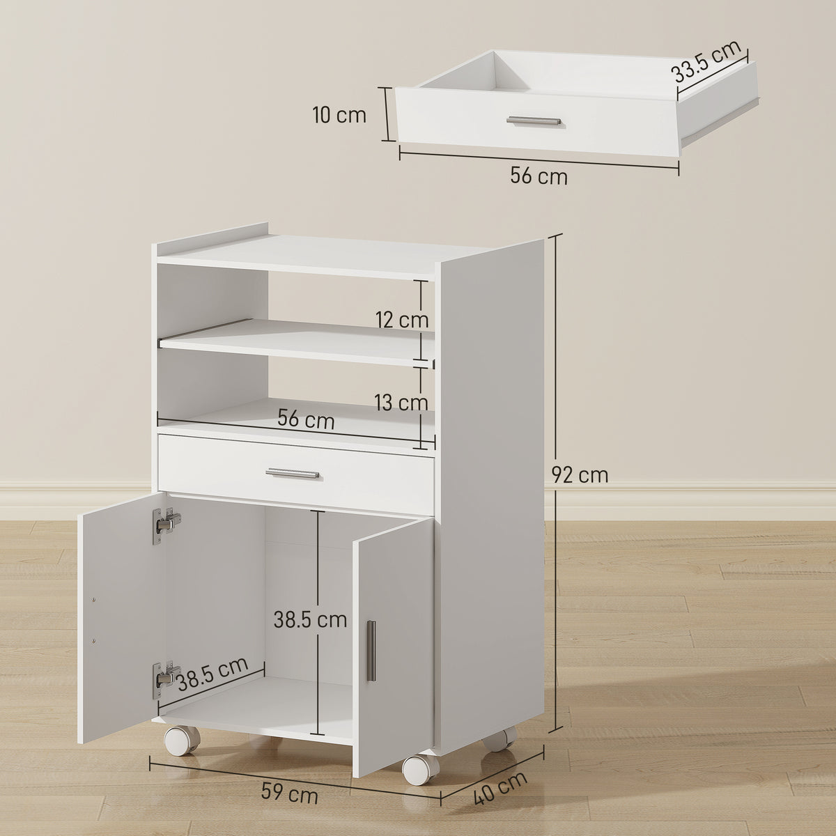 HOMCOM Kitchen Trolley with Wheels, Modern Mobile Microwave Stand with Slide-Out Shelf, Drawer and 2 Doors for Dining Room