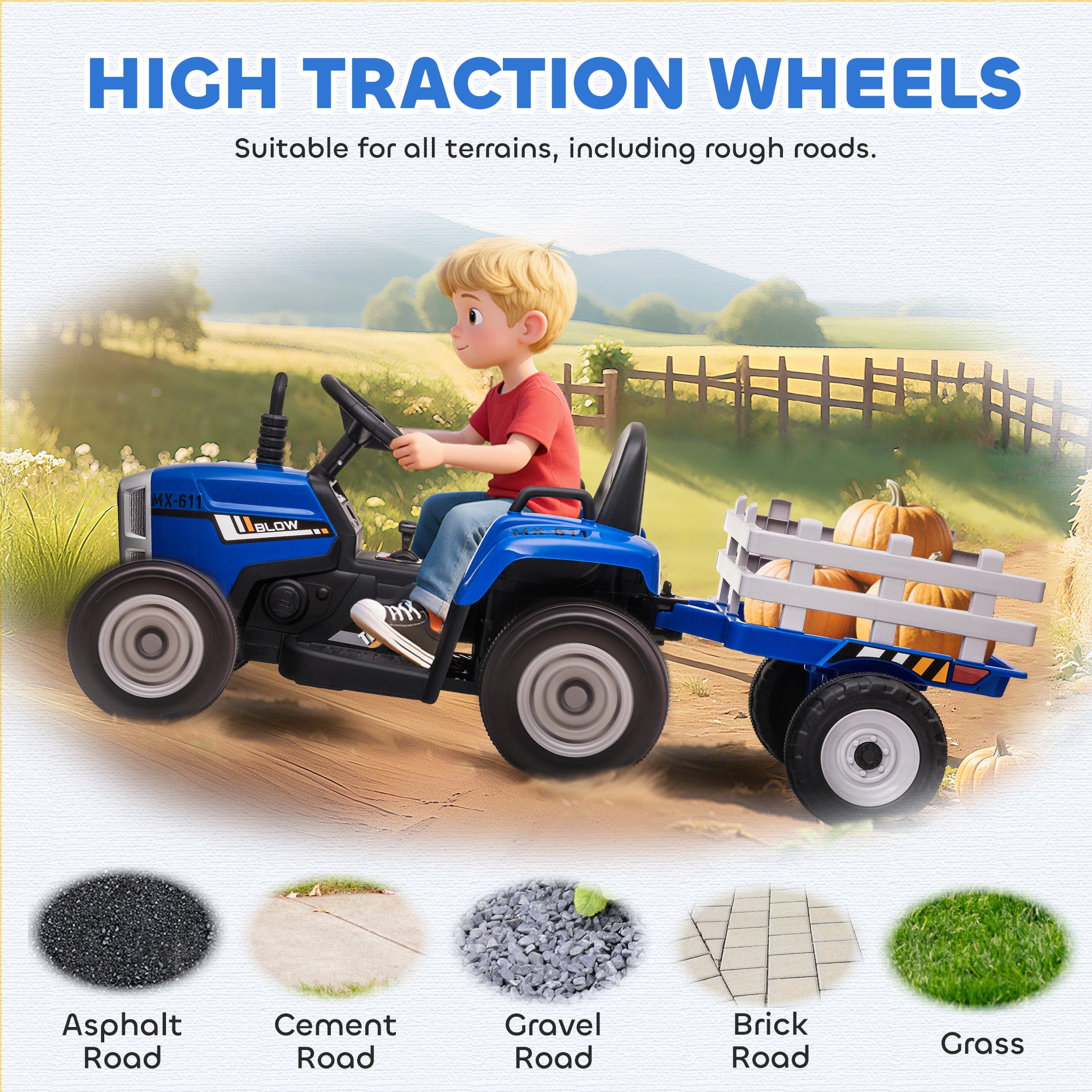 HOMCOM Ride On Tractor, Battery Powered Electric Car, with Detachable Trailer, Remote Control, Music - Blue
