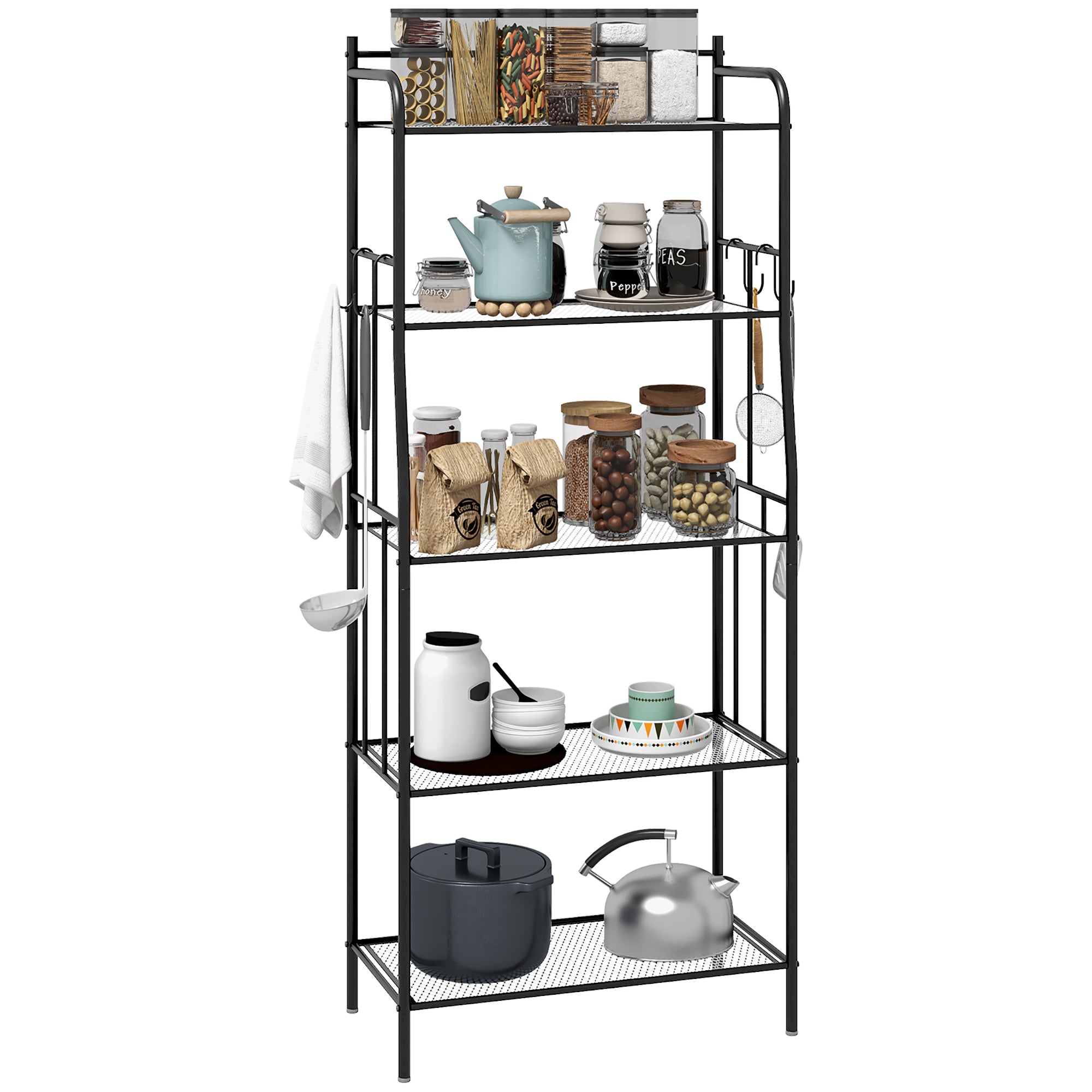 HOMCOM Five-Tier Steel Frame Kitchen Shelving Unit - Black - North Peak Garden Furniture