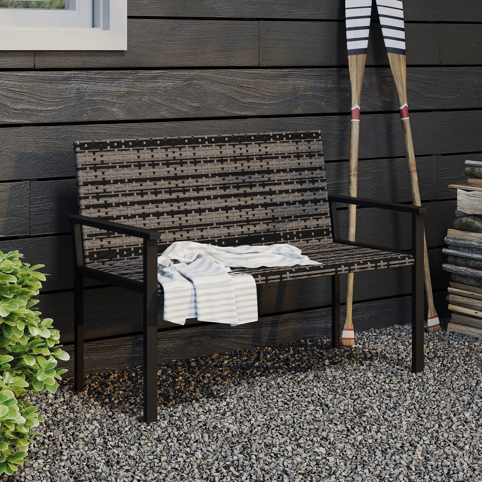 Outsunny 2 Seater Rattan Garden Bench, Outdoor Bench with Quick-Drying Cotton Padding, Wicker Garden Loveseat with Armrests, Steel Frame for Patio, Park, Mixed Grey - North Peak Garden Furniture