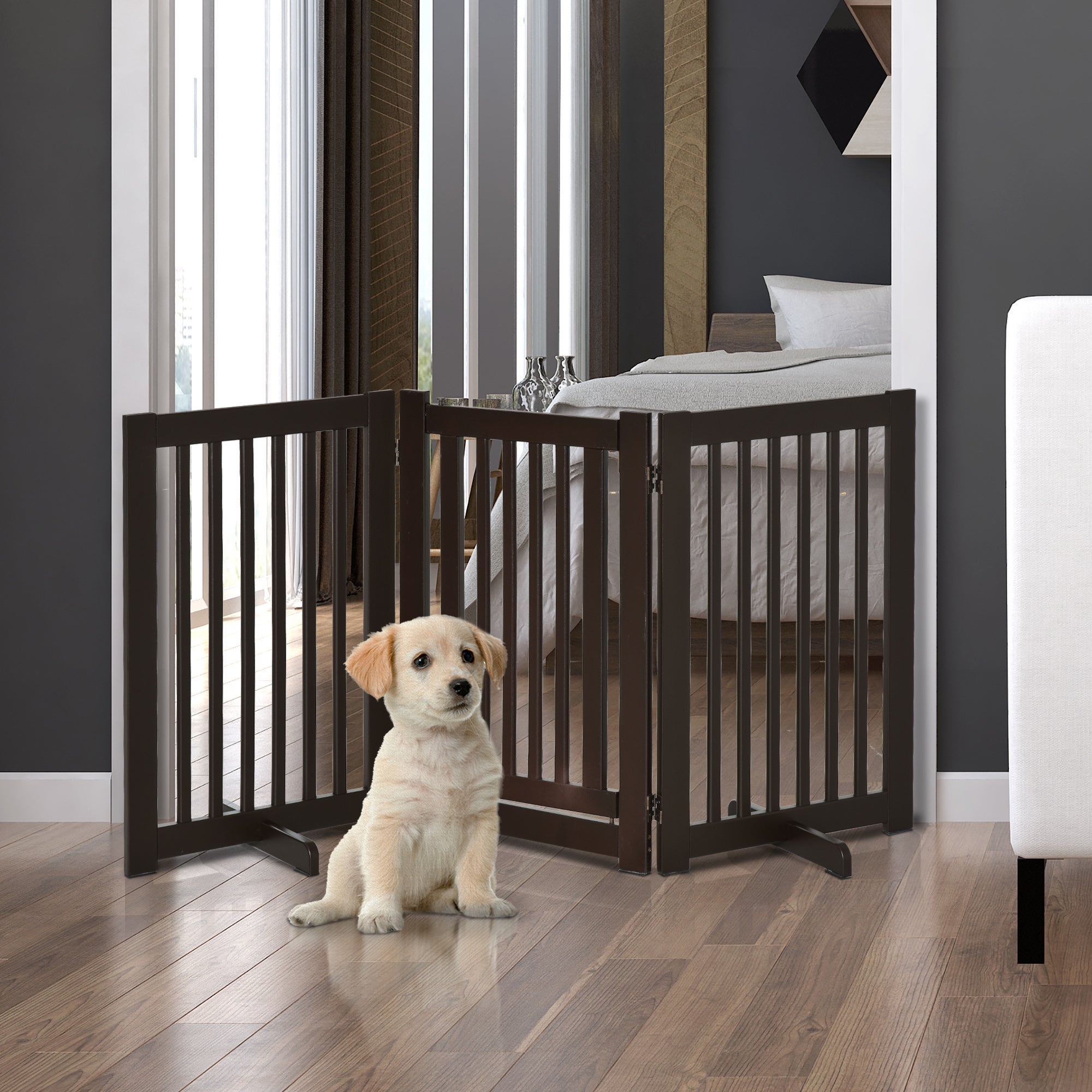 PawHut Freestanding Dog Gate, Foldable Pet Fence, Indoor Barrier, Stair Gate with Support Feet, 155 x 76 cm, Brown - North Peak Garden Furniture