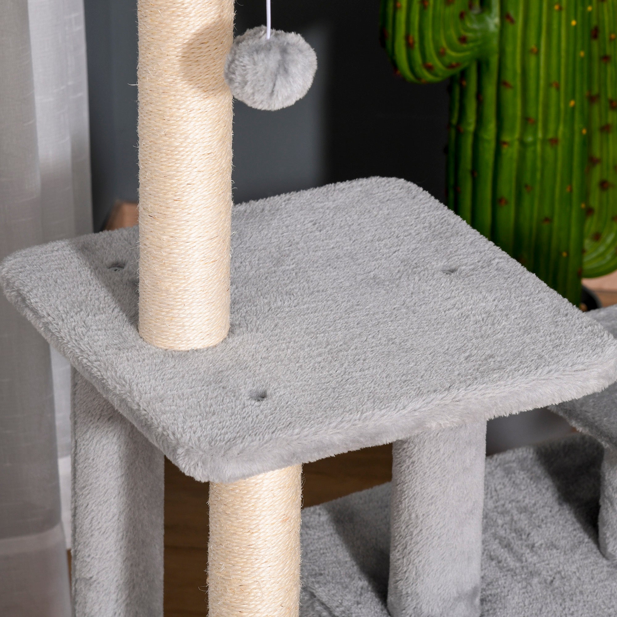 PawHut Cat Tree Tower for Indoor Cats 114cm Climbing Activity Centre Kitten with Sisal Scratching Post Perch Hanging Ball Condo Toy Light Grey - North Peak Garden Furniture