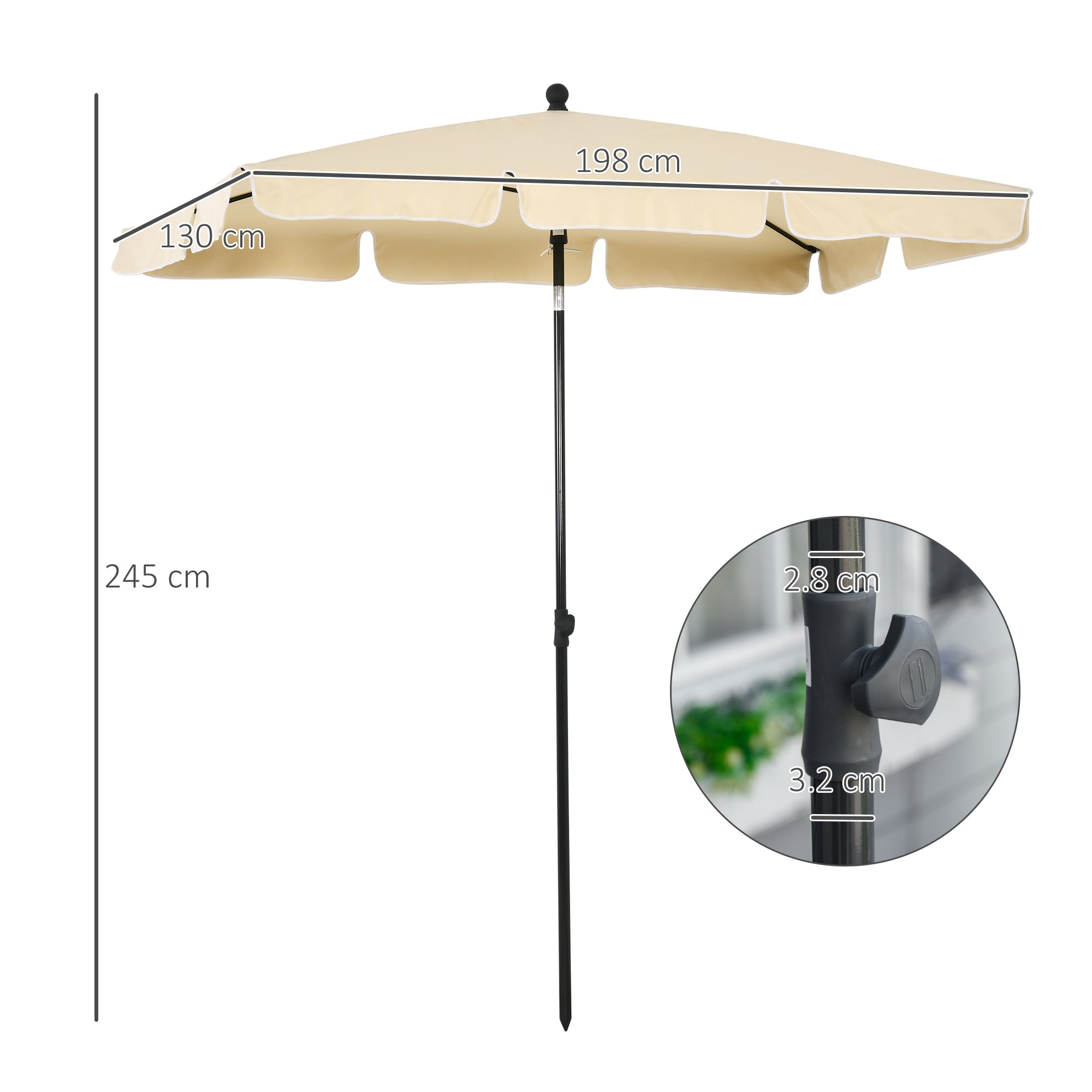 Outsunny Garden Parasol Umbrella, Outdoor Market Table Umbrella with Ruffles & Aluminium Pole, Rectangular Tilting Parasol Sun Shade Canopy, 2 x 1.3m, Beige - North Peak Garden Furniture