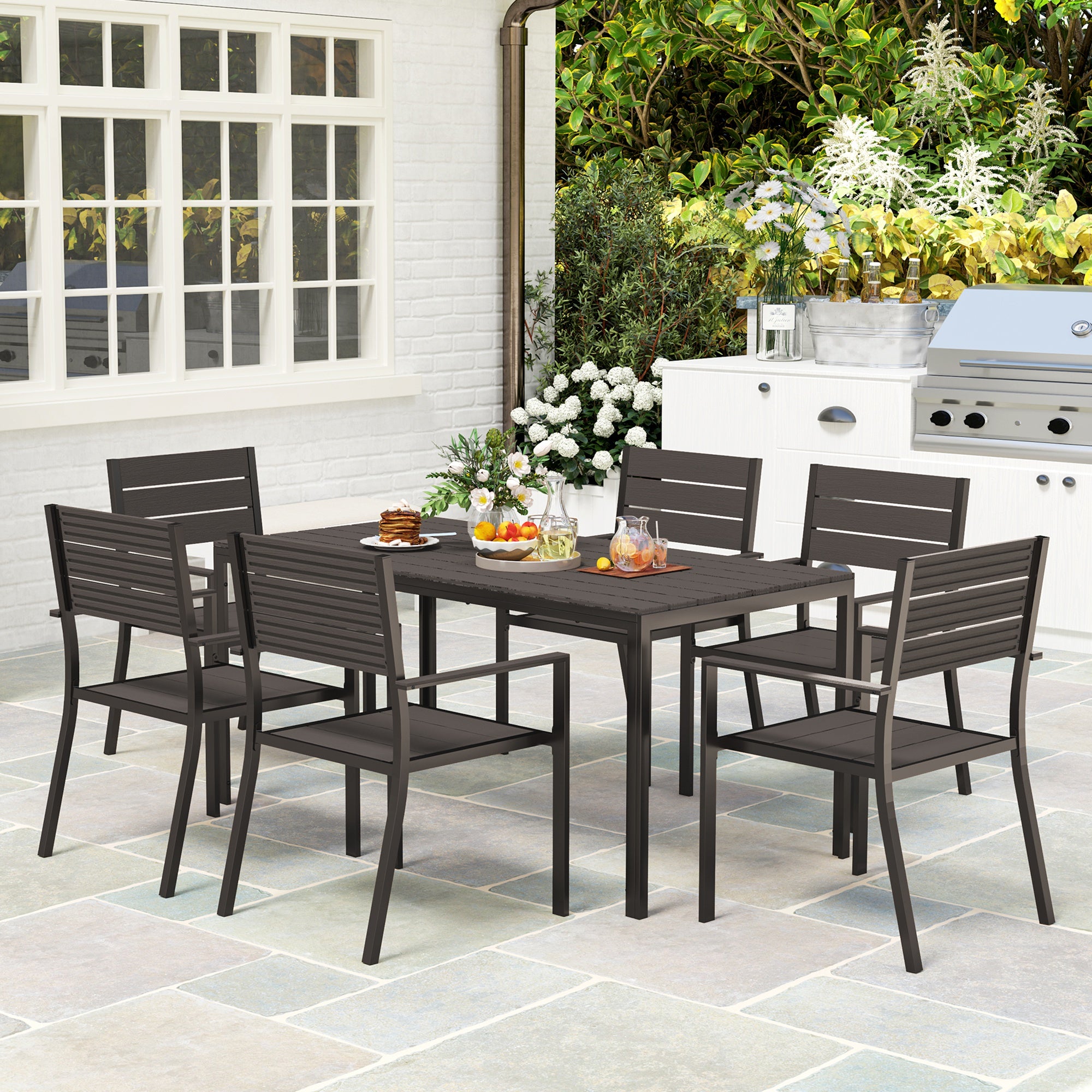 Outsunny 7 Piece Garden Furniture Set, 160 x 80 cm Rectangle Table and 6 Stackable Chairs Set, Outdoor Dining Set for Balcony, Deck, Dark Brown - North Peak Garden Furniture