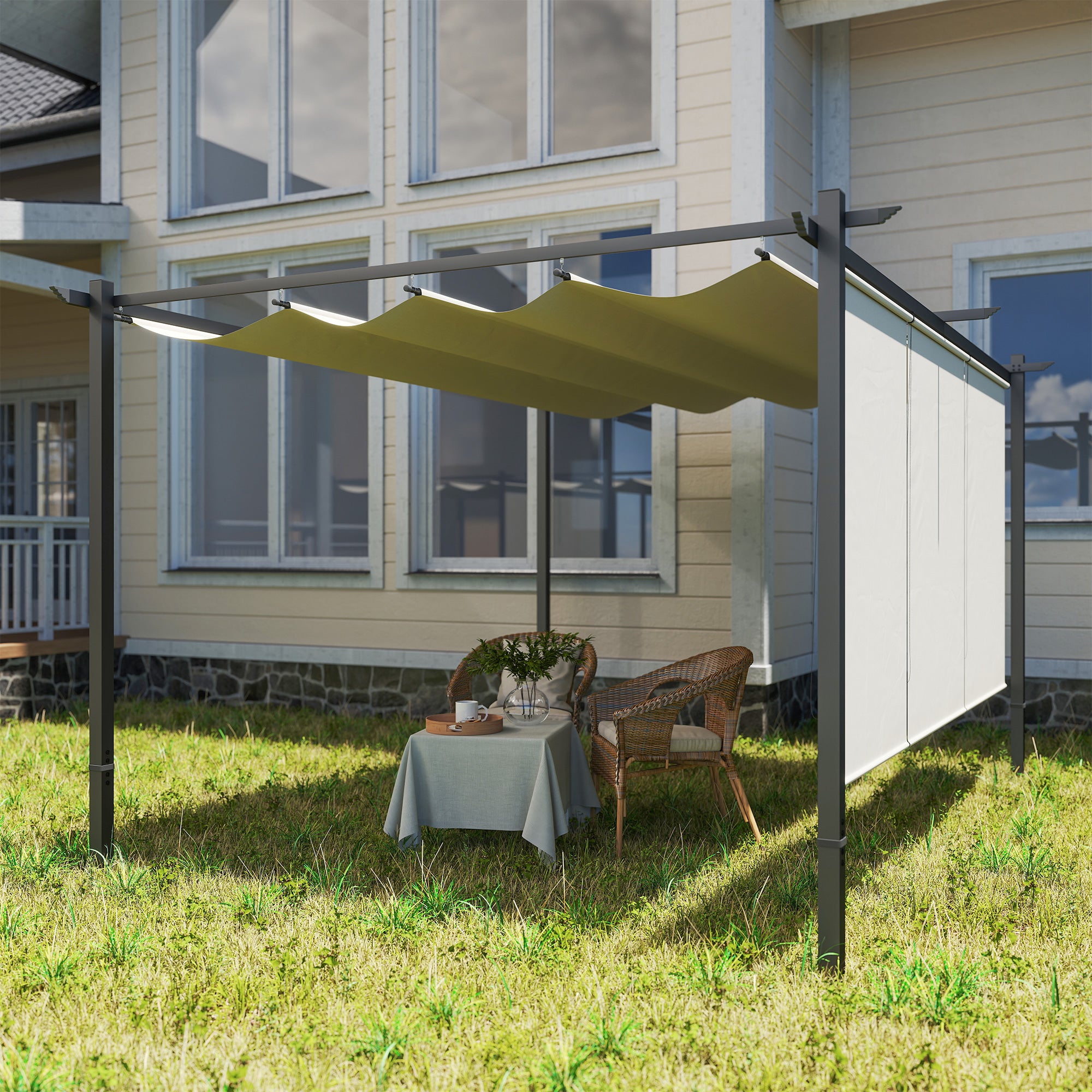 Outsunny 3 x 4m Metal Pergola with Retractable Roof and Roller Shade, Wall-Mounted or Free Standing Garden Gazebo Canopy Pergola Kit, UPF30+ Outdoor Sun Shade Shelter, Beige - North Peak Garden Furniture