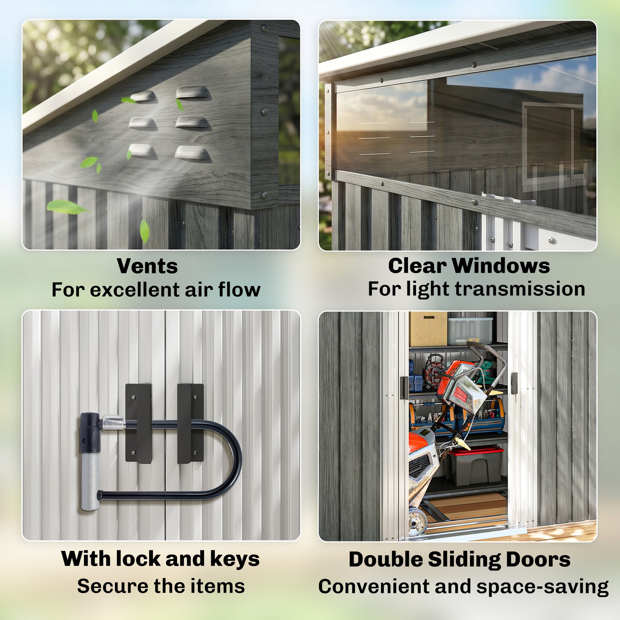 Outsunny 6.5 x 4FT Galvanised Metal Shed with Foundation Kit, Lockable Tool Garden Shed with Double Sliding Doors, Vents, Light Grey Wood Effect