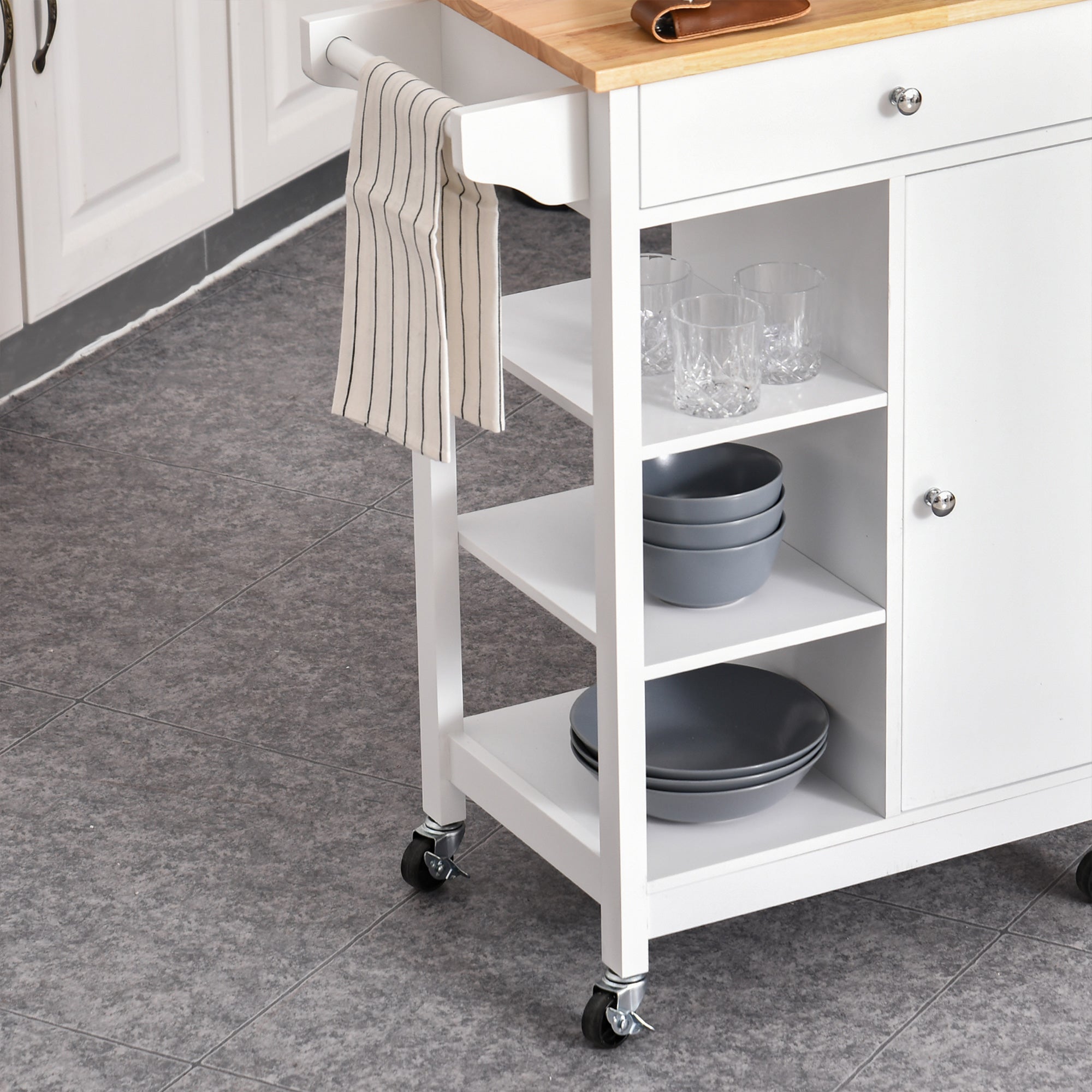 HOMCOM Kitchen Trolley, Kitchen Island on Wheels, w/ Wood Top, 3 Shelves and Storage Cupboard, White