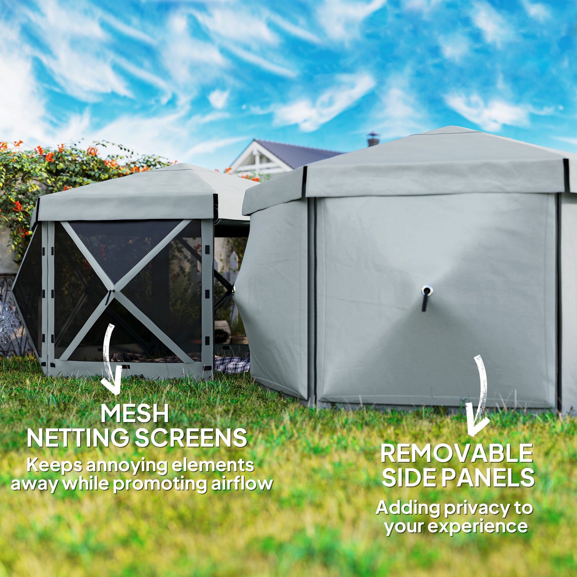 Outsunny 3 x 3(m) Hexagon Pop Up Gazebo with 5 Sides and Carry Bag, Waterproof, UV Resistant Party Tent Instant Event Shelter with Netting for Garden, Patio, Light Grey - North Peak Garden Furniture