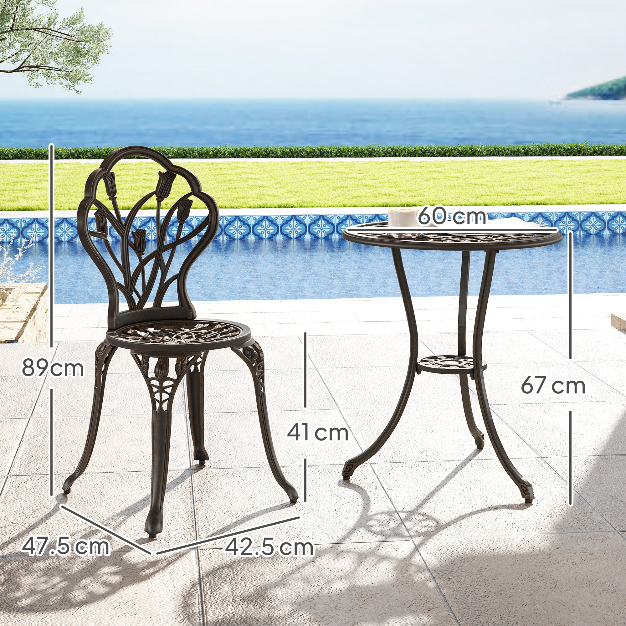 Outsunny 3 Piece Patio Bistro Set for 2, Outdoor Aluminium Garden Table and Chairs with Umbrella Hole for Balcony, Bronze Tone - North Peak Garden Furniture