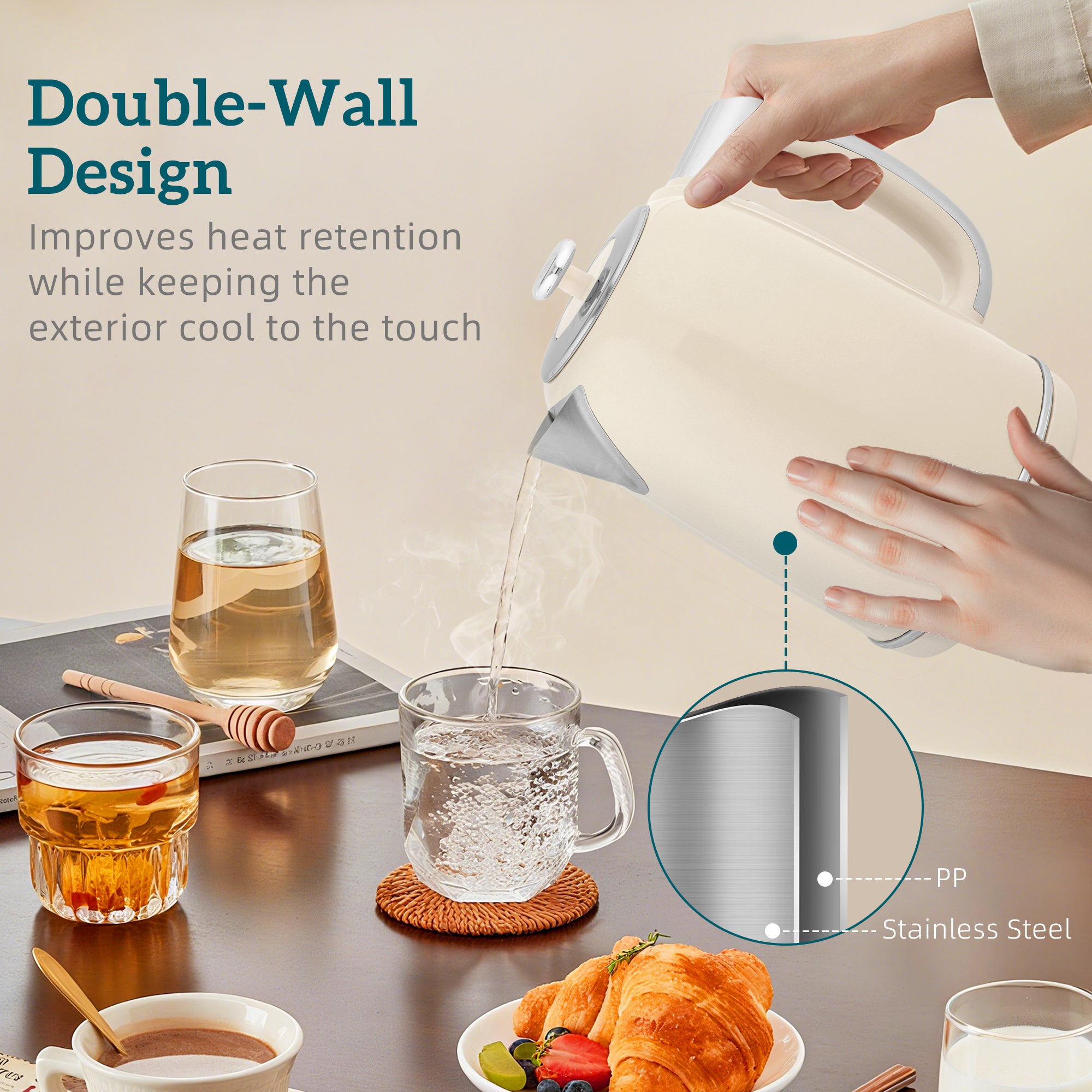 HOMCOM Polished Retro 40-100°C Kettle and Toaster Set - Cream