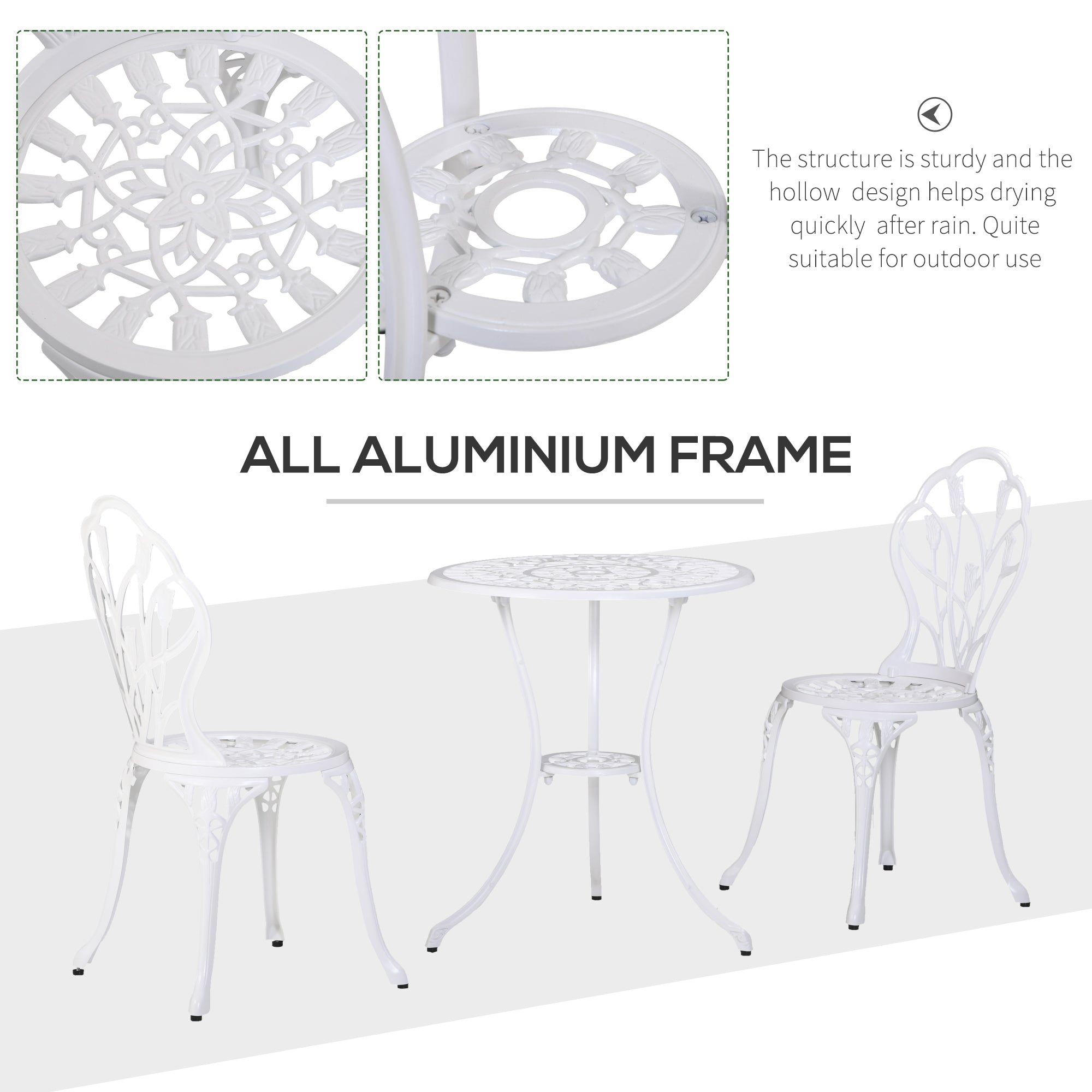 Outsunny 3 Piece Patio Bistro Set for 2, Outdoor Aluminium Garden Table and Chairs with Umbrella Hole for Balcony, White - North Peak Garden Furniture