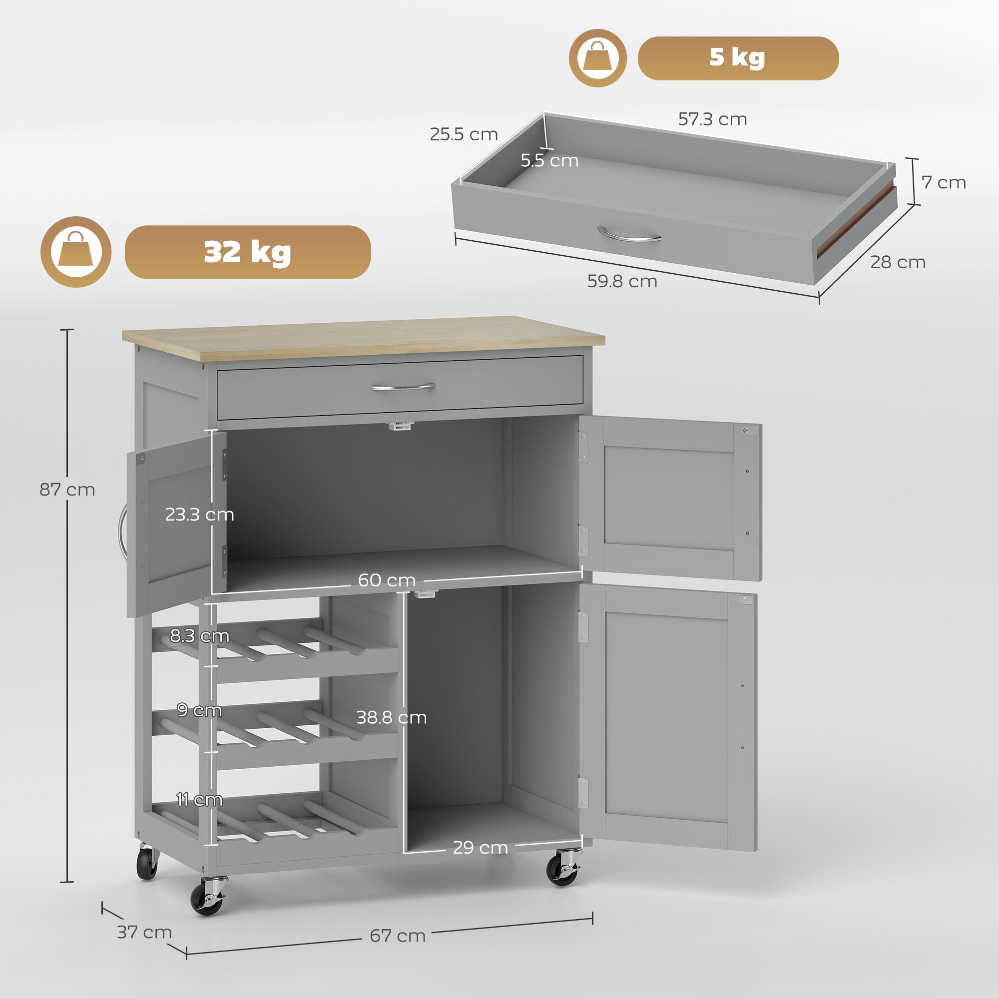 HOMCOM Modern Kitchen Trolley, Rolling Island Storage Cart with Drawer, 9-bottle Wine Rack, Door Cabinets, Wooden Countertop, Grey