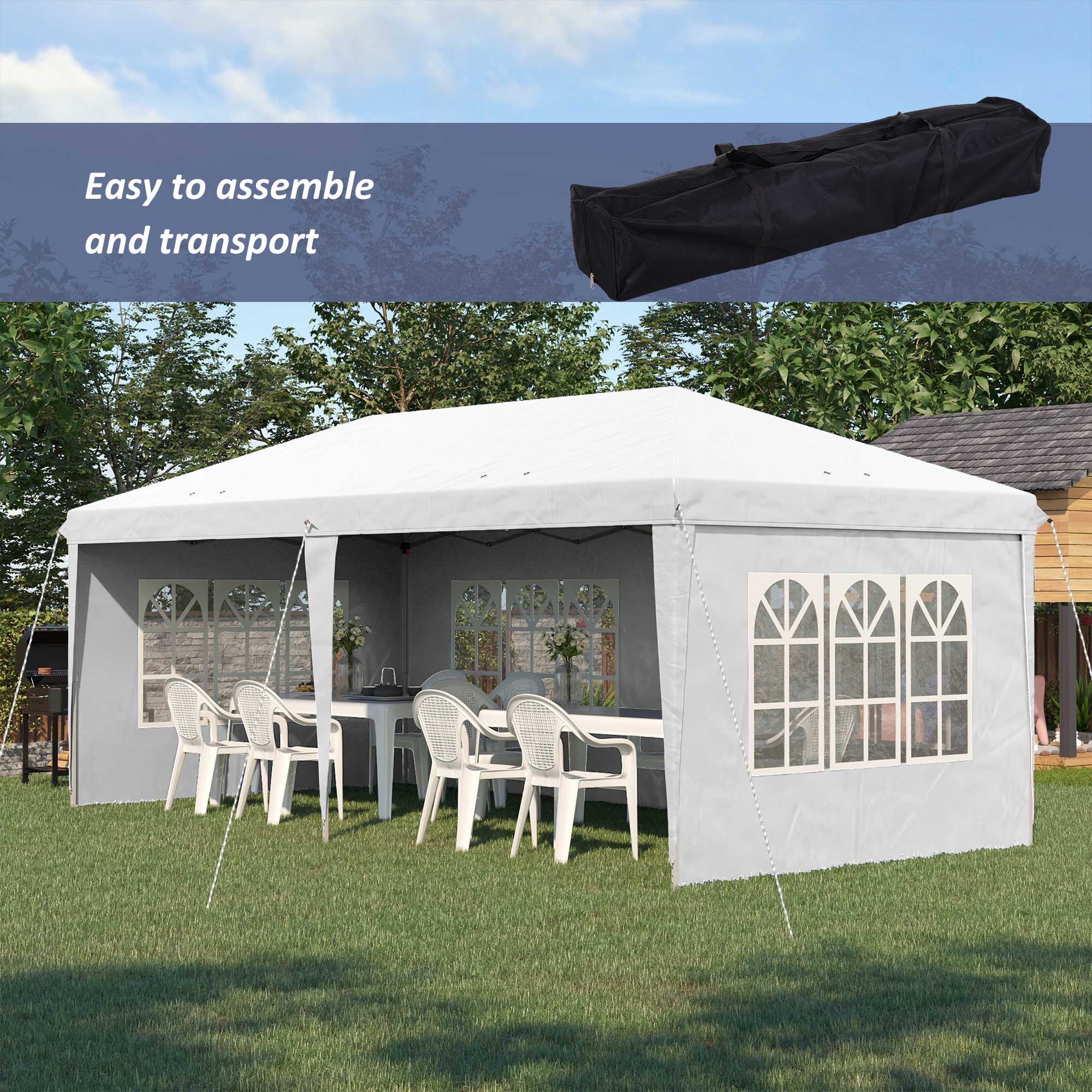 Outsunny 3 x 6m Pop Up Gazebo, Height Adjustable Marquee Party Tent with Sidewalls and Storage Bag, White - North Peak Garden Furniture