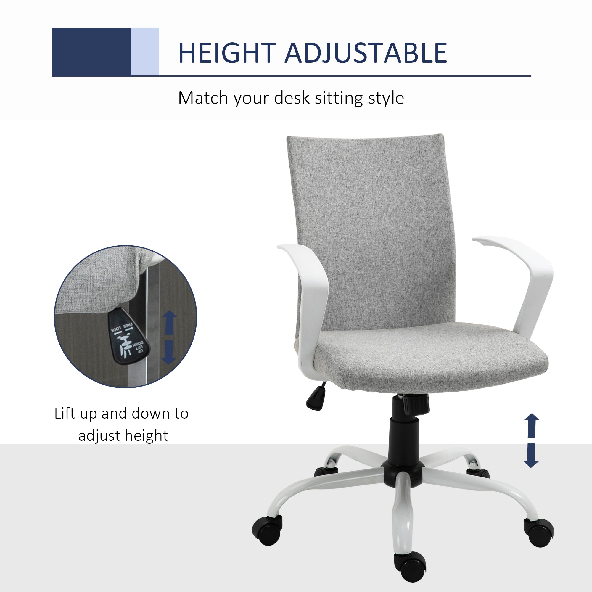 Vinsetto Office Chair Linen Swivel Computer Desk Chair Home Study Task Chair with Wheels, Arm, Adjustable Height, Light Grey - North Peak Garden Furniture
