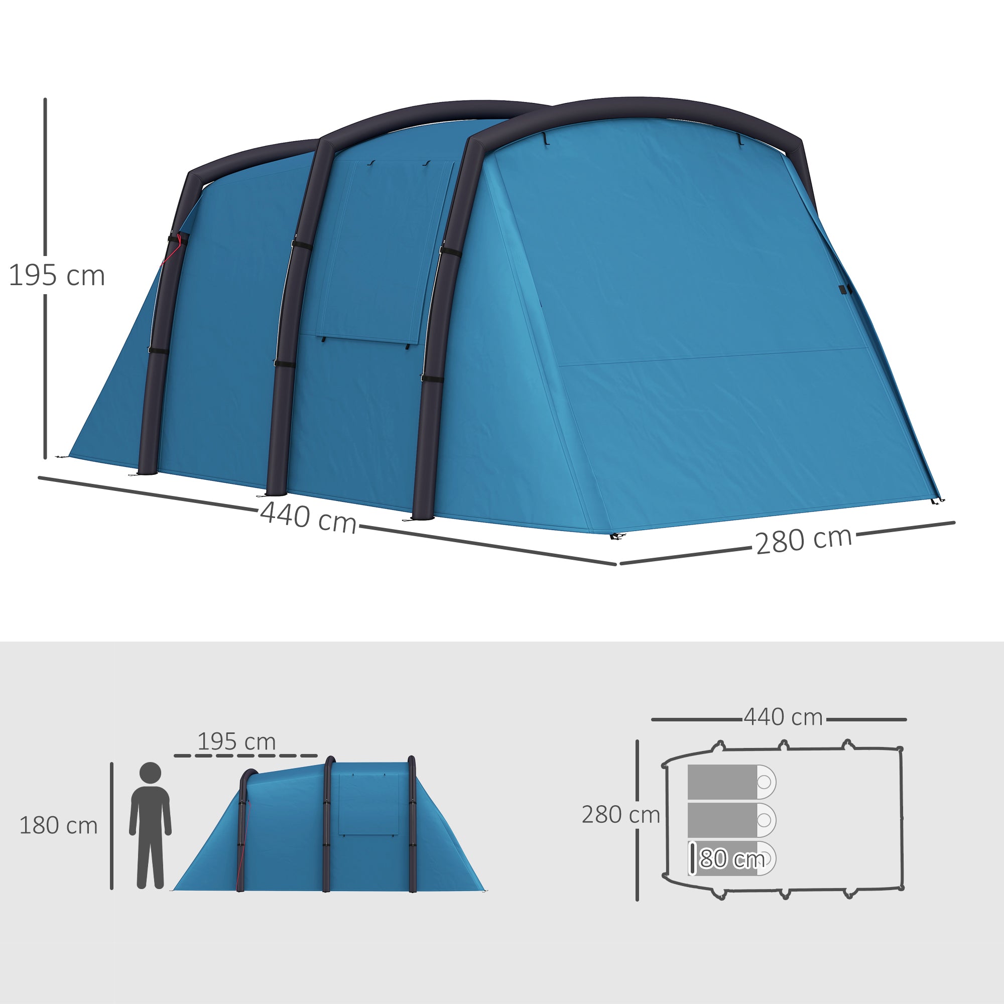 Outsunny Inflatable 3-4 Man Tunnel Tent w/ Air Pump, Living Area & Vestibule, Waterproof Family Camping Air Tent w/ Sewn In Groundsheet & Removable Footprint for Camping, Hiking, Blue - North Peak Garden Furniture
