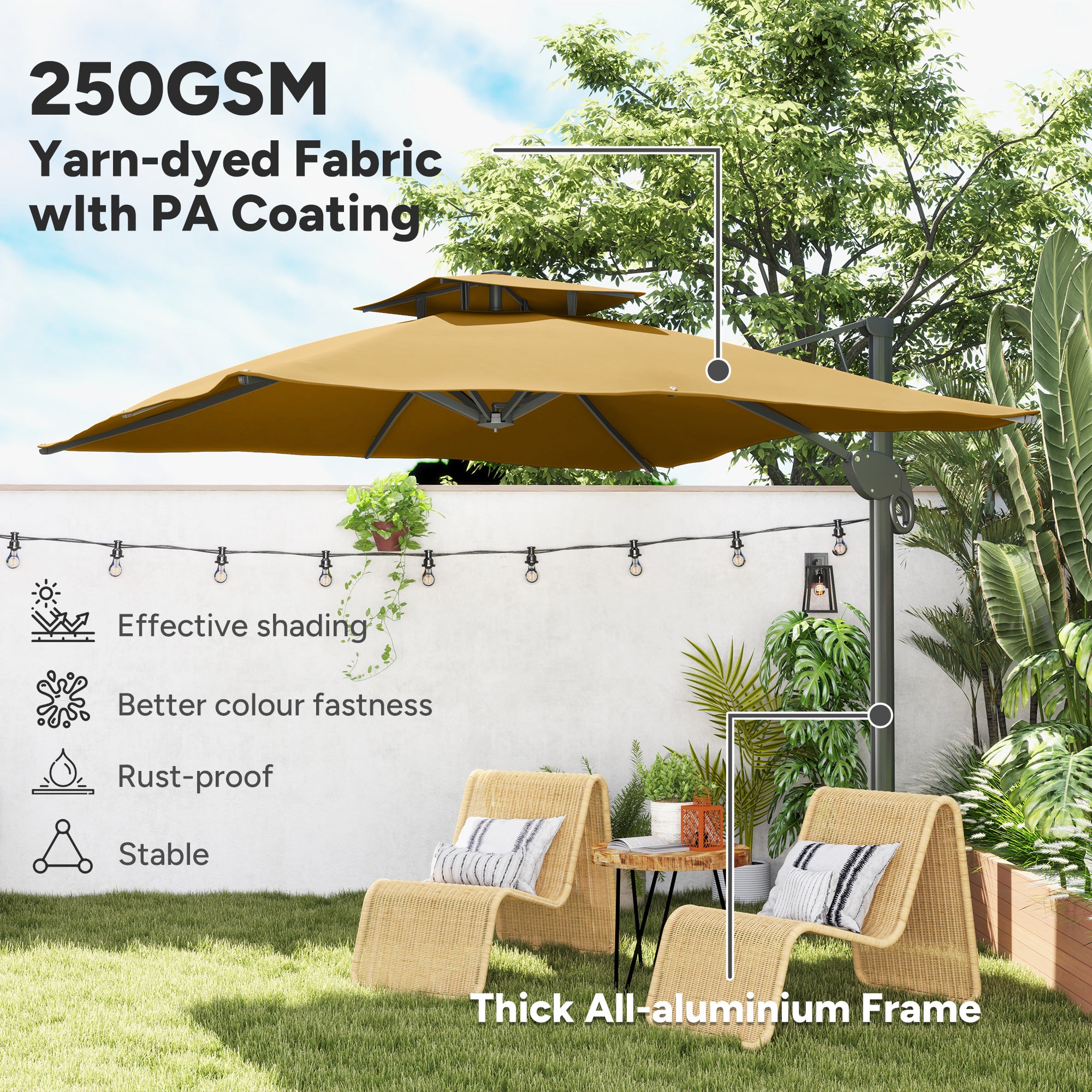 Outsunny Garden Parasol, 3(m) Cantilever Parasol with Hydraulic Mechanism, Dual Vented Top, 8 Ribs, Cross Base, Khaki - North Peak Garden Furniture