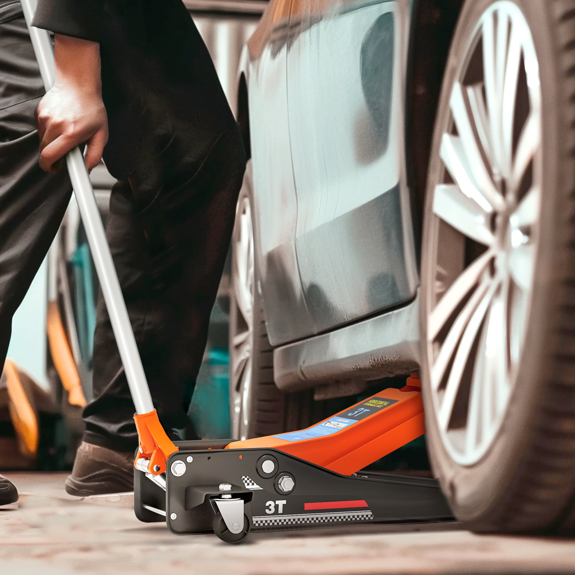 HOMCOM 3 Ton Hydraulic Low-Profile Floor Jack, with 7.5-50.5cm Lifting Range, Wheels, Orange