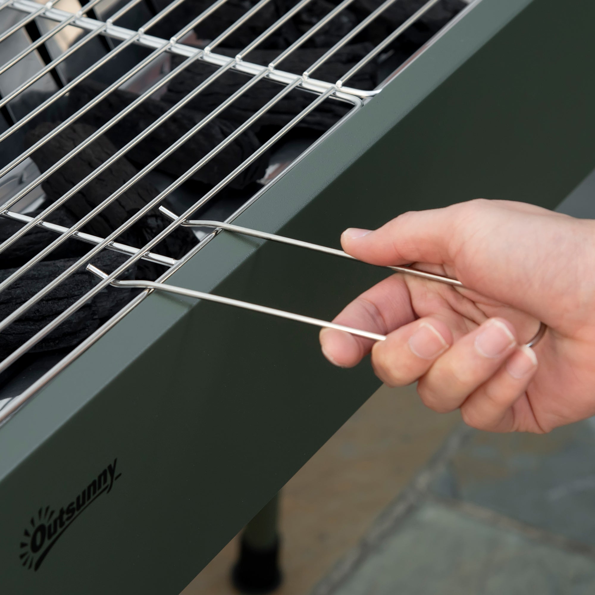 Outsunny Portable Charcoal Barbecue BBQ Grill with Seasoning Baskets and Hooks, Compact Stainless Steel Cooker for Camping Picnic Hiking Garden Party Festival - North Peak Garden Furniture