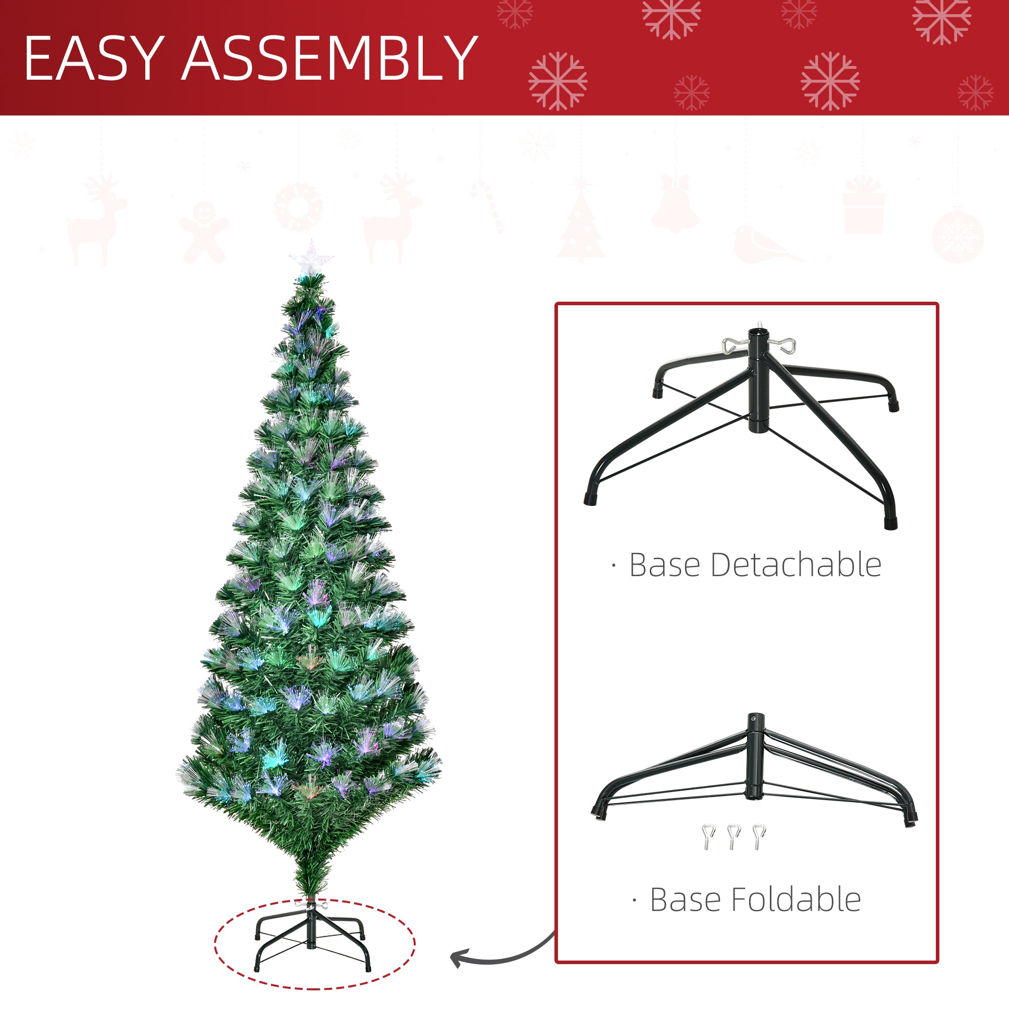 HOMCOM 6FT Multicoloured Artificial Christmas Tree w/ Fibre Optic Lights Pre-Lit Modes Metal Stand Star Holder Home Seasonal Decoration - North Peak Garden Furniture
