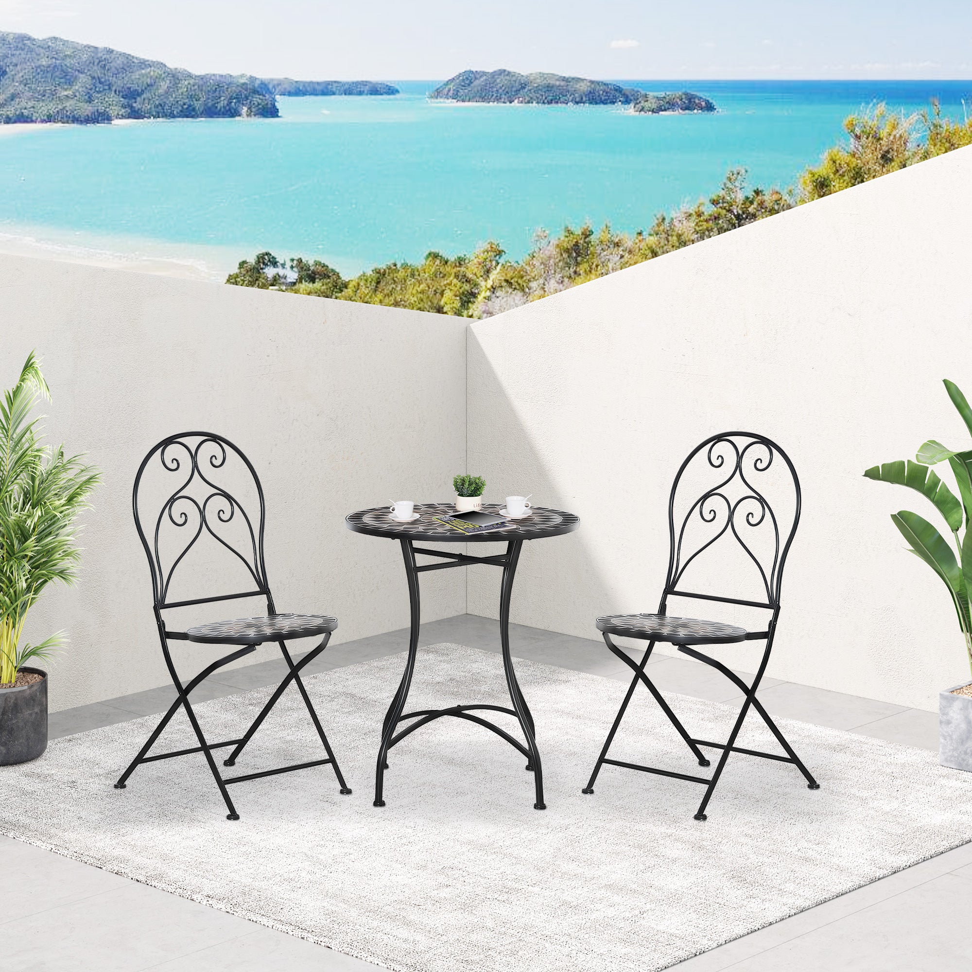 Outsunny 3 Piece Garden Bistro Set with Coffee Table and 2 Folding Chairs, Mosaic Tile Top and Seats, Metal Frame, for Patio Balcony - North Peak Garden Furniture