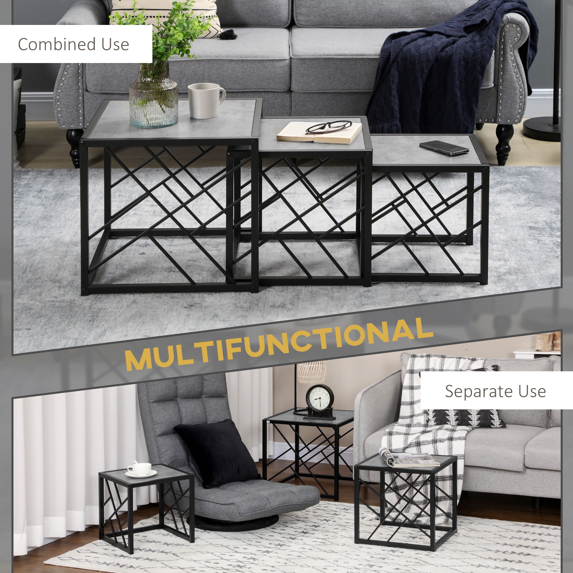 HOMCOM Nesting Coffee Tables, Set of 3 Square Side Tables with Black Metal Frame, for Living Room, Bedroom and Office, Grey - North Peak Garden Furniture