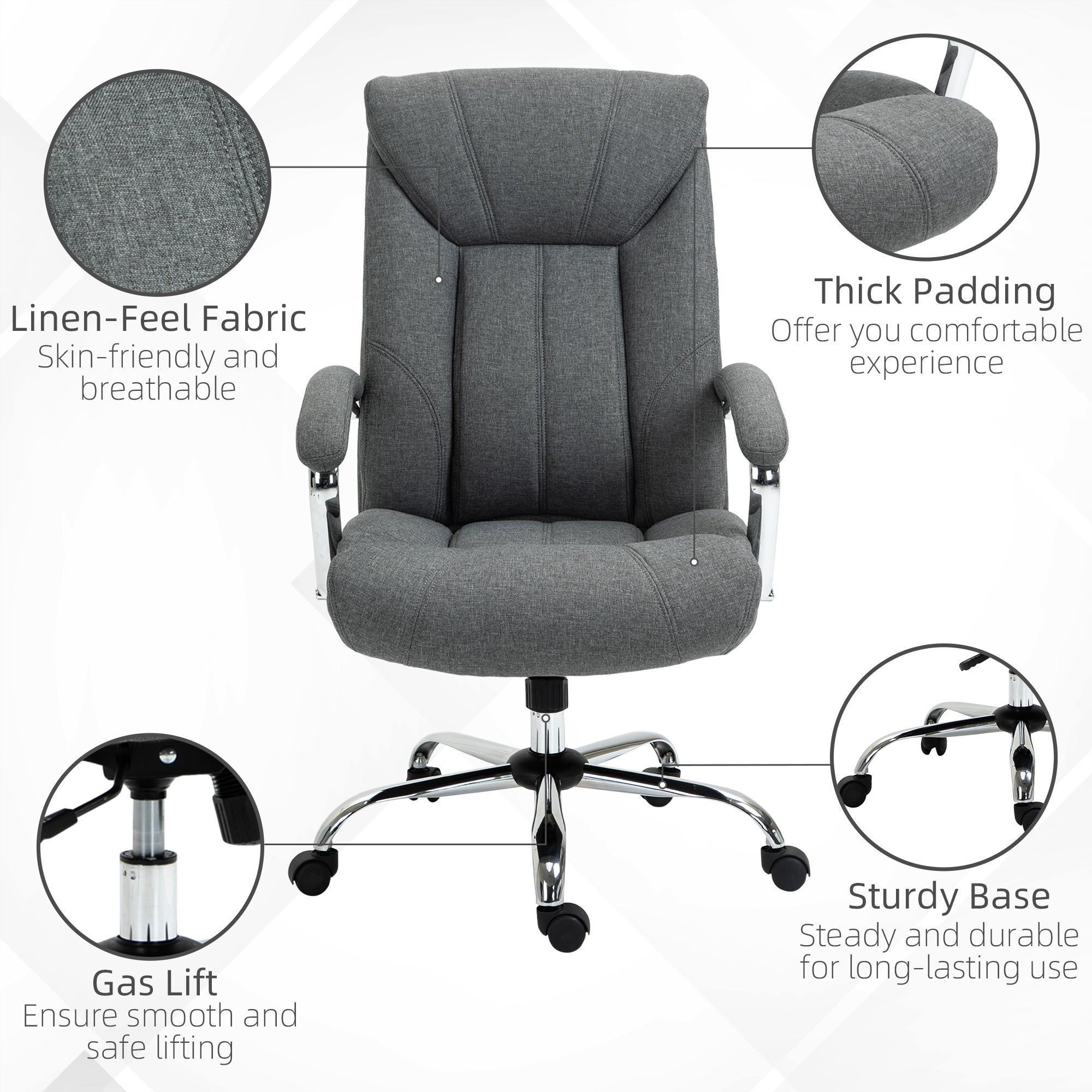 Vinsetto Office Chair, Fabric Desk Chair, Padded Executive Chair with Adjustable Height, Swivel Wheels, Metal Star Base, Grey - North Peak Garden Furniture