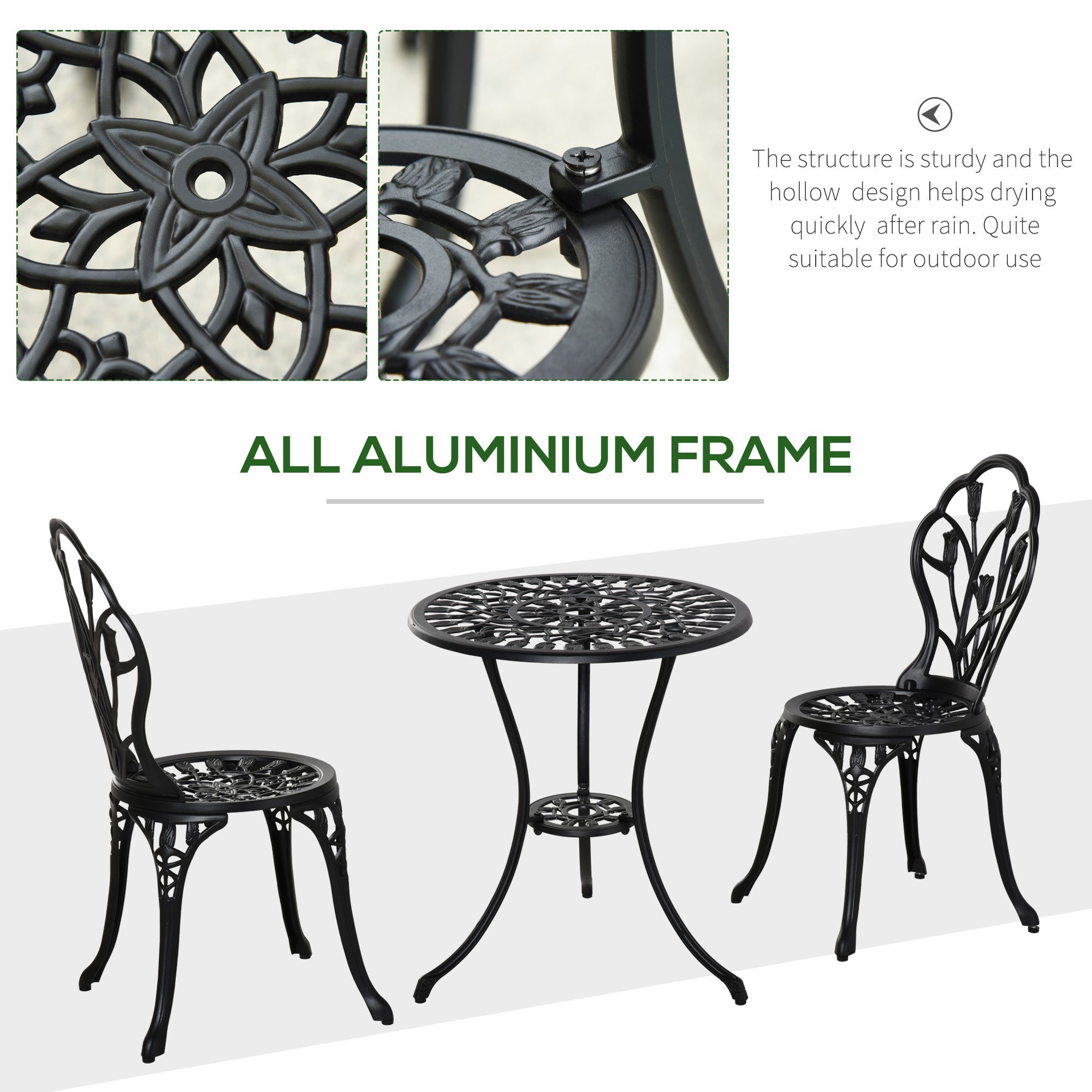 Outsunny Three-Piece Aluminium Floral Bistro Garden Set - Black - North Peak Garden Furniture