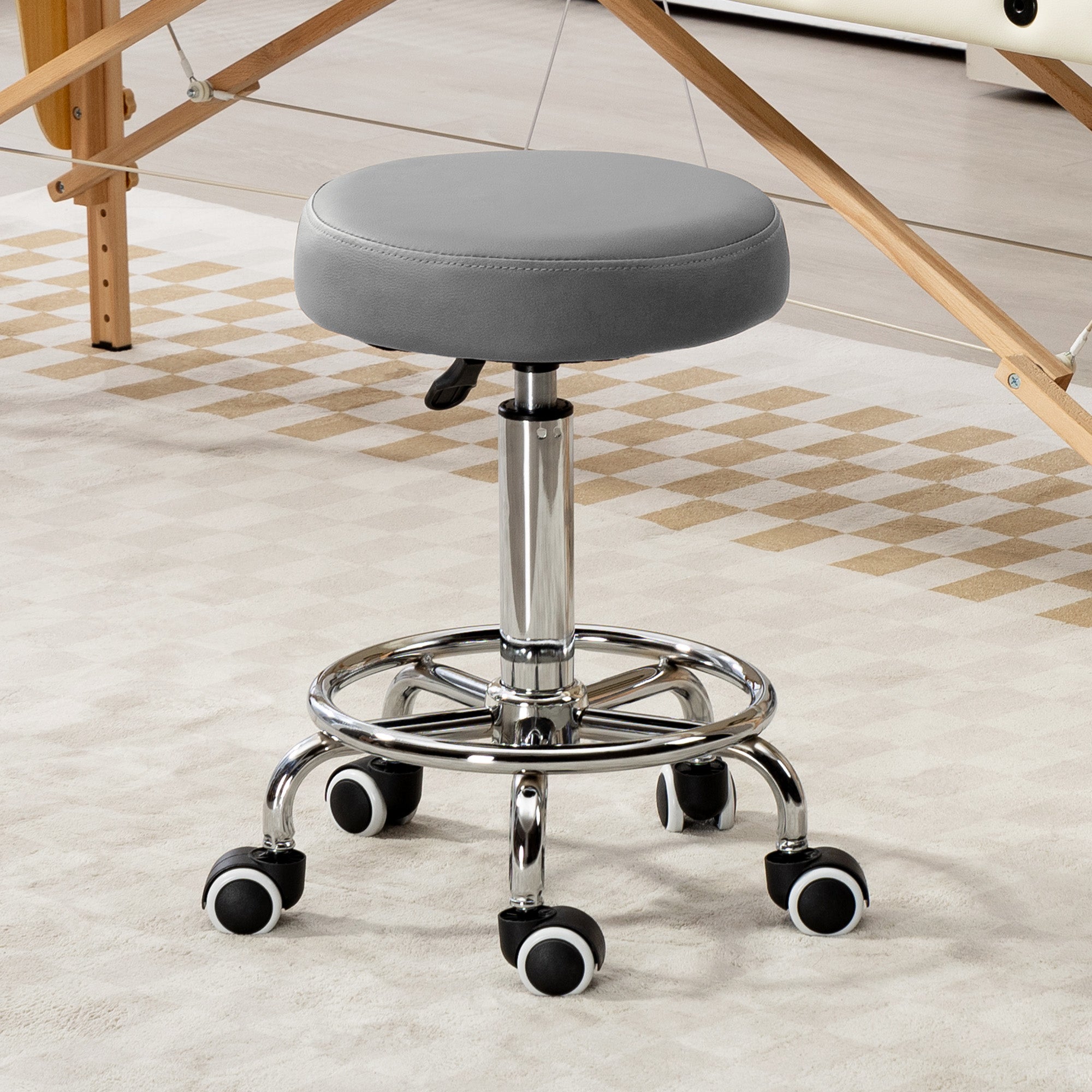 Vinsetto PU Leather Rolling Stool, Height Adjustable Stool Chair with Wheels for Salon, Massage, Spa, Grey - North Peak Garden Furniture