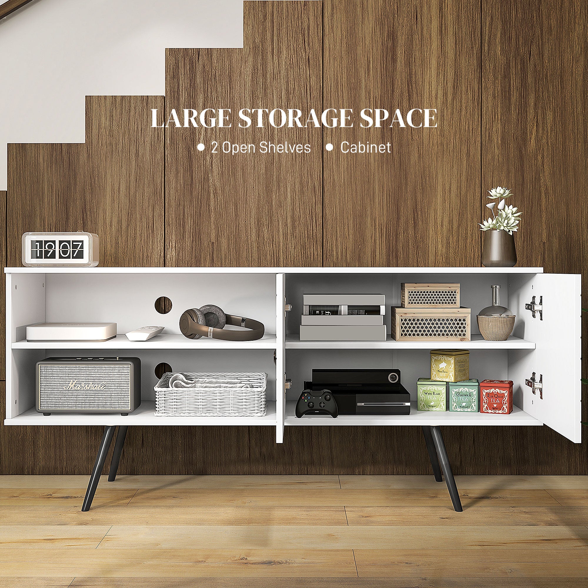 HOMCOM Duo Storage TV Unit, with Striped Door - White - North Peak Garden Furniture