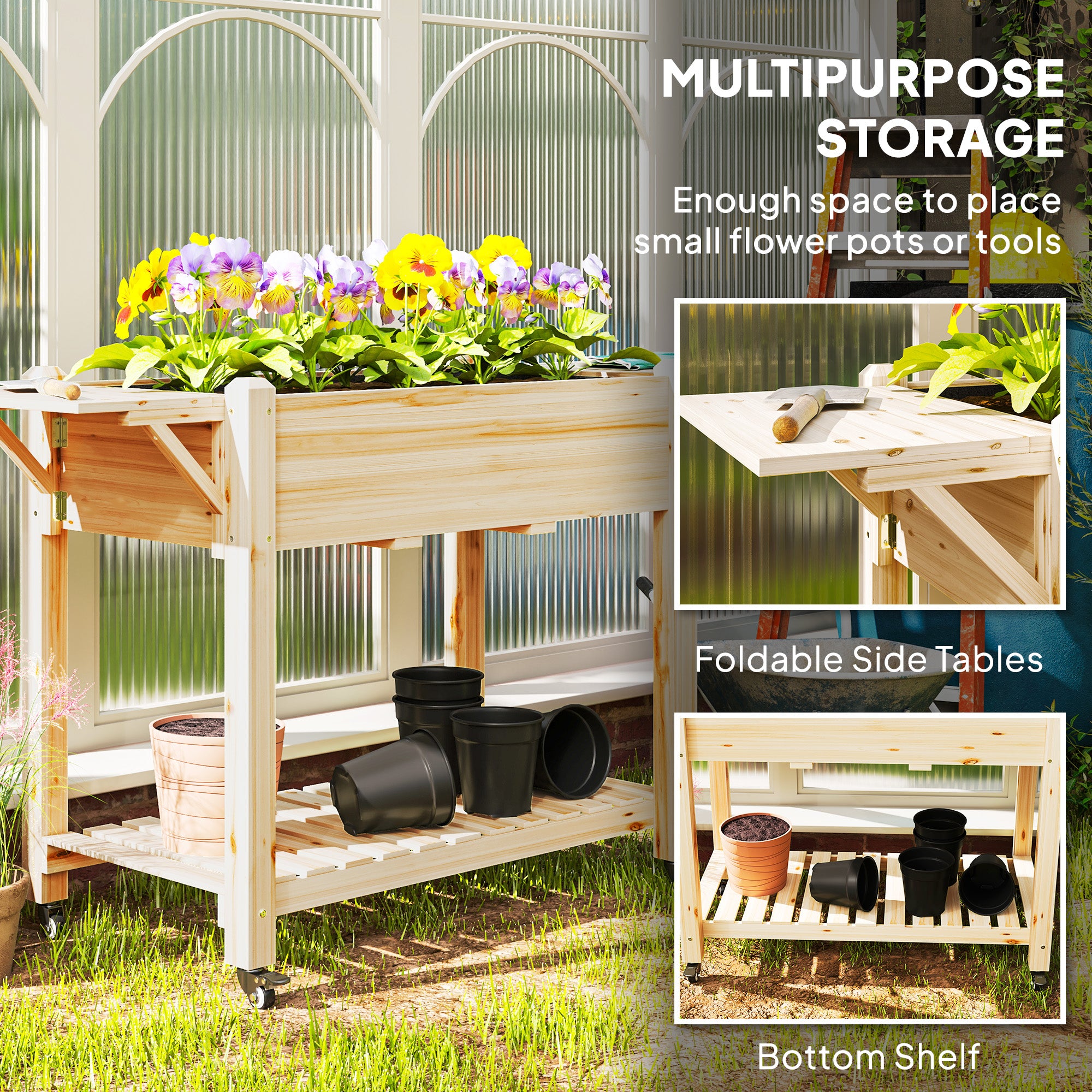 Outsunny 46 x 94cm Wooden Raised Planter, with Shelves - Natural Finish - North Peak Garden Furniture
