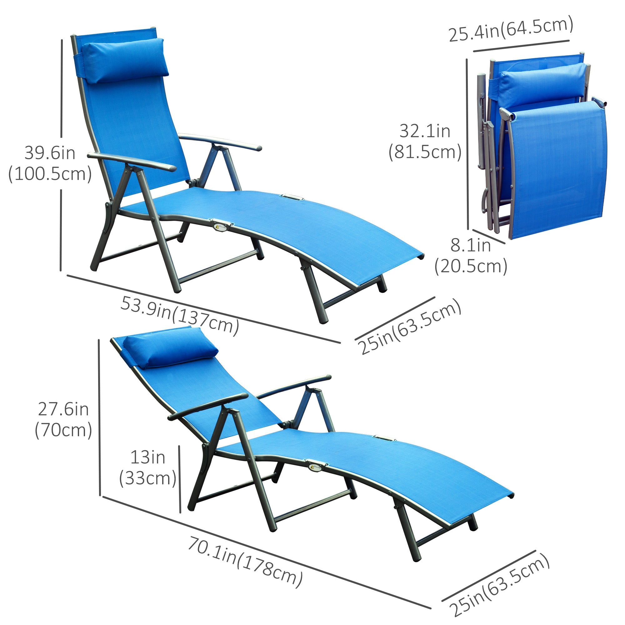 Outsunny Sun Lounger Steel Frame Outdoor Folding Chaise Texteline Lounge Chair Recliner with Headrest & 7 Levels Adjustable Backrest, Blue - North Peak Garden Furniture