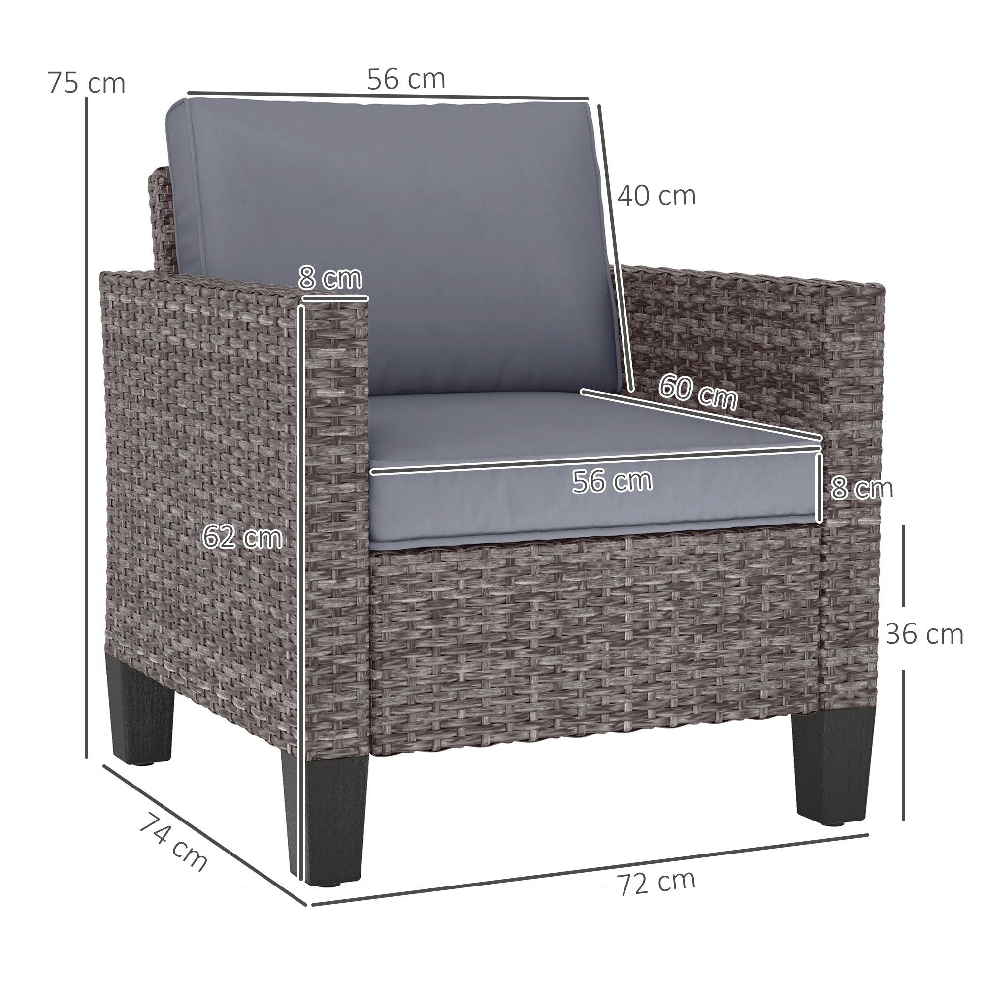 Outsunny Single Rattan Armchair, with Cushions - Mixed Grey - North Peak Garden Furniture