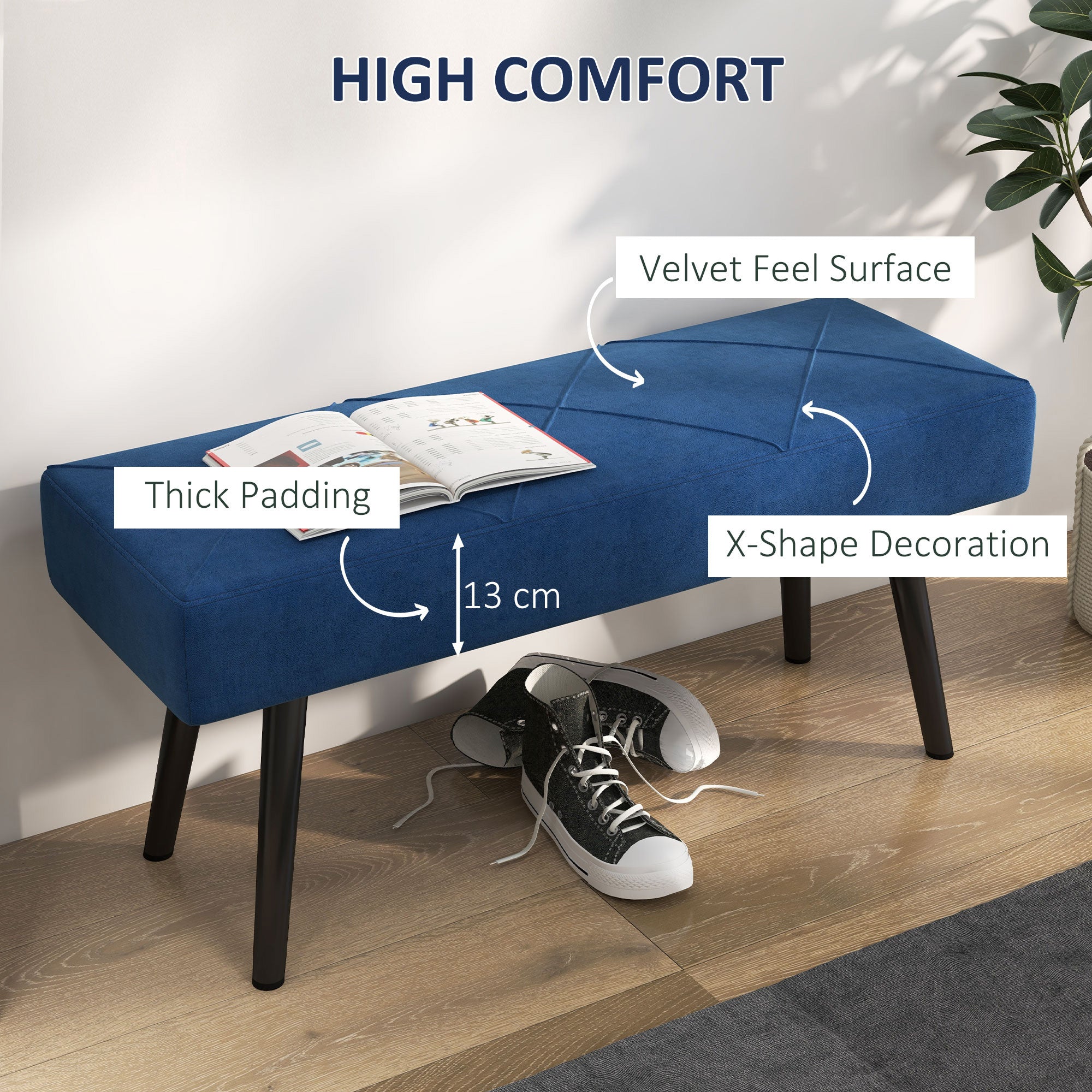 HOMCOM End of Bed Bench with X-Shape Design and Steel Legs, Upholstered Hallway Bench for Bedroom, Blue - North Peak Garden Furniture