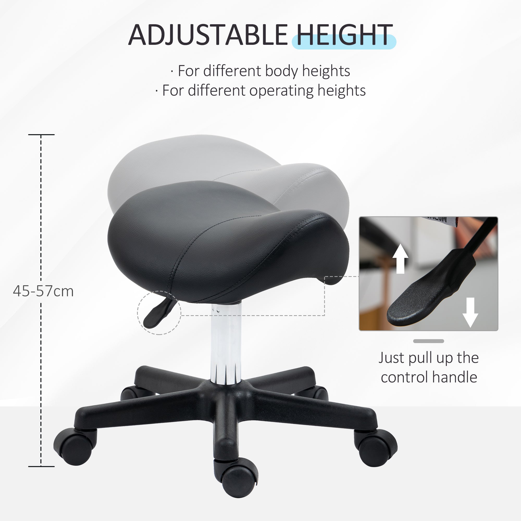 HOMCOM Saddle Stool, PU Leather Adjustable Rolling Salon Chair with Steel Frame for Massage, Spa, Beauty and Tattoo, Black - North Peak Garden Furniture