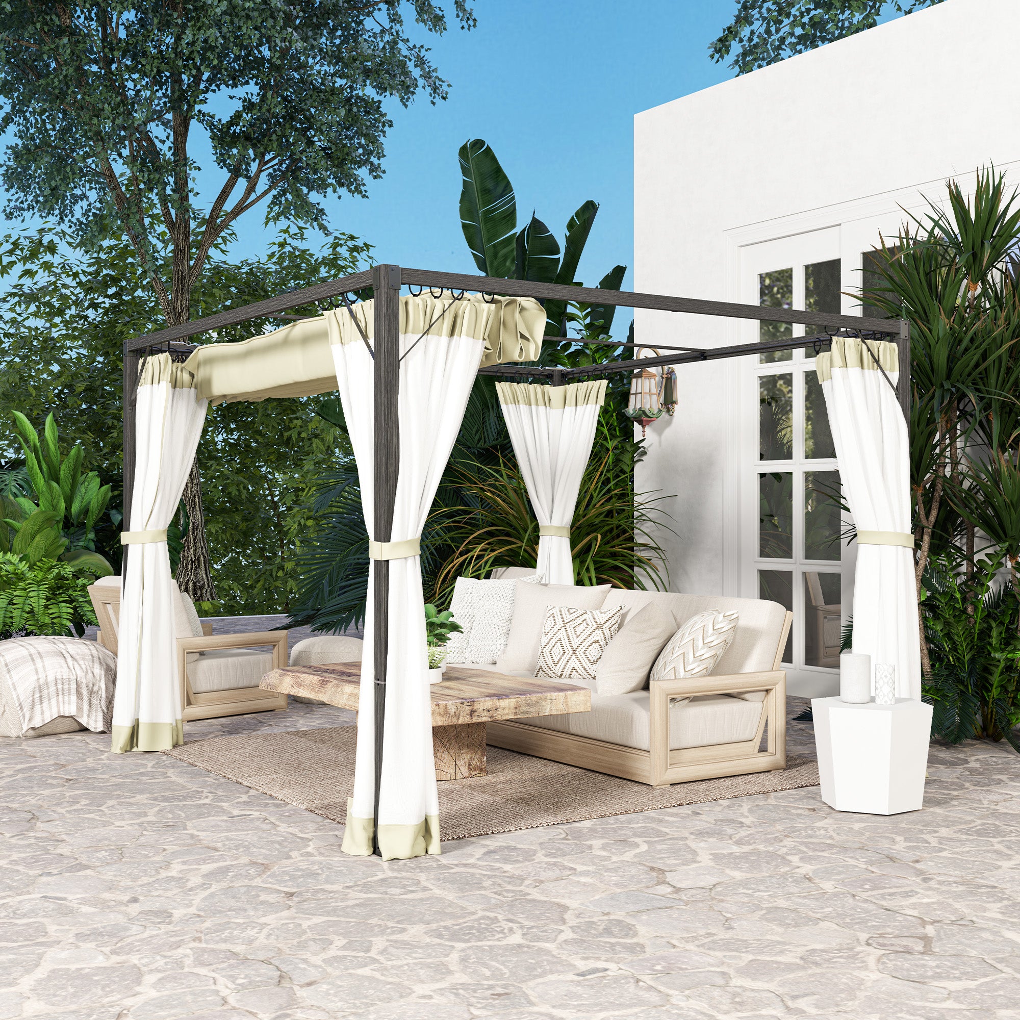 Outsunny 3 x 3m Aluminium Frame Pergola, with Retractable Roof - Khaki - North Peak Garden Furniture