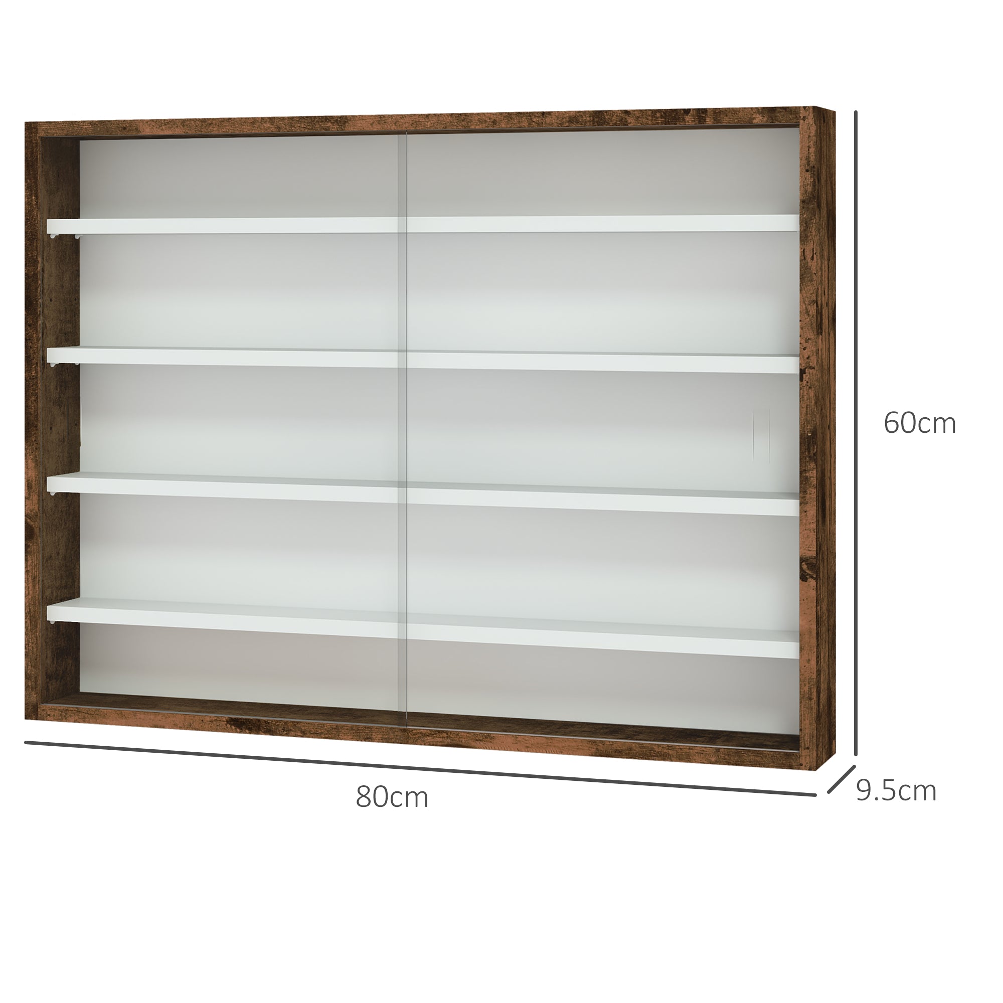 HOMCOM 5-Tier Wall Display Shelf Unit Cabinet w/ 4 Adjustable Shelves Glass Doors Home Office Ornaments 60x80cm Rustic brown - North Peak Garden Furniture