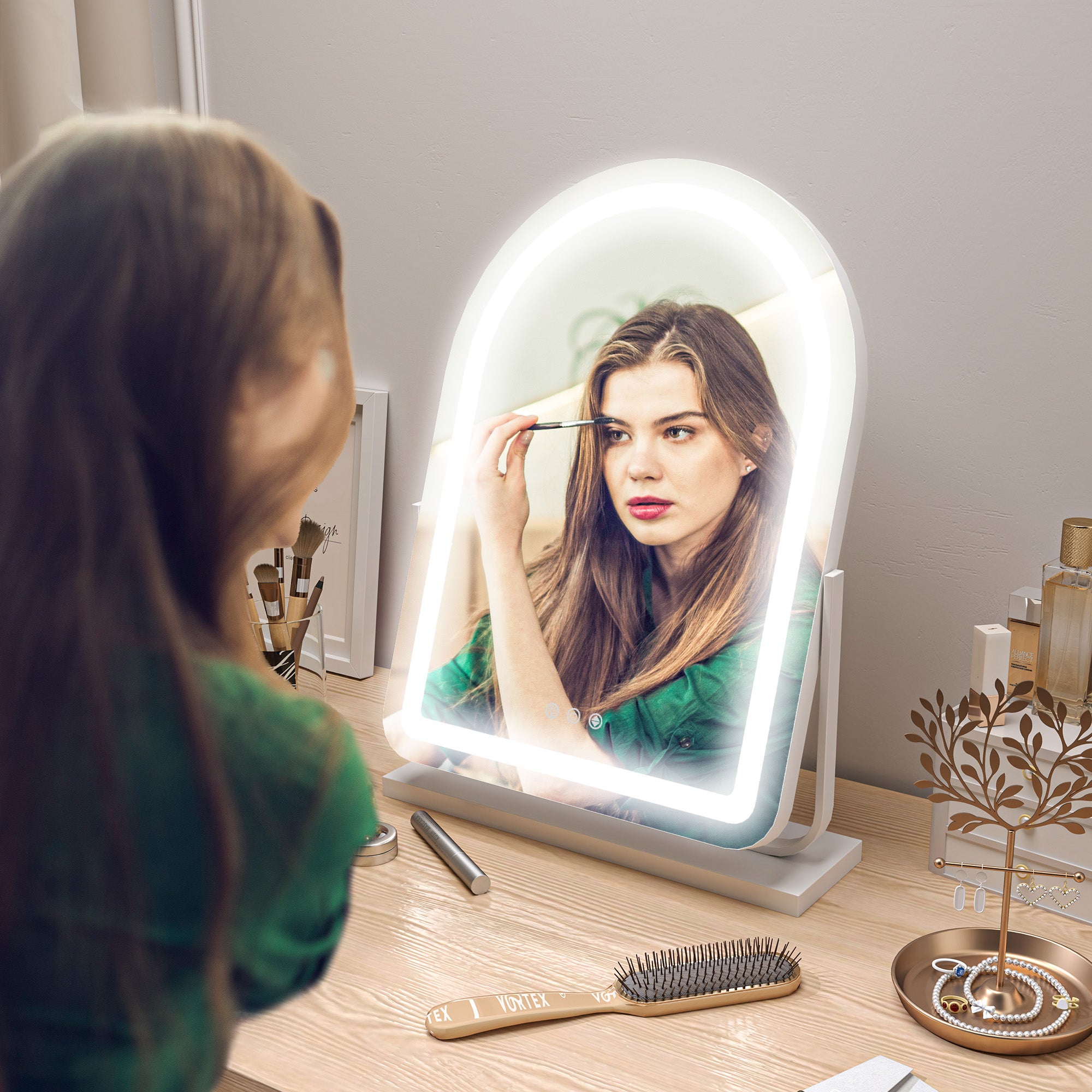 HOMCOM LED Vanity Mirror with Lights, 43 x 59cm Lighted Makeup Mirror with 3 Colour, 360° Rotation, Touch Screen, for Bedroom and Dressing Room, White - North Peak Garden Furniture
