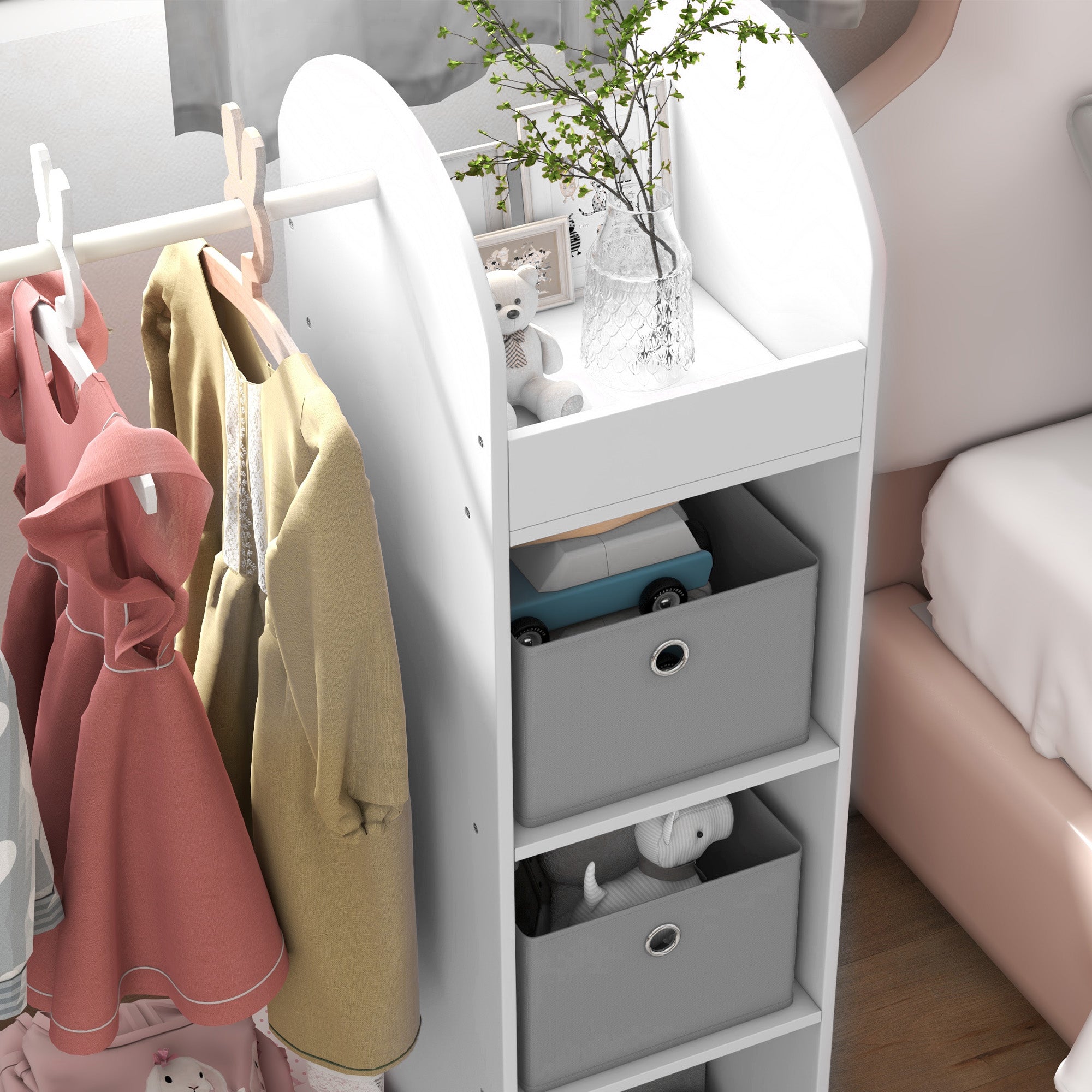 AIYAPLAY Kids Clothes Rail with Storage Shelf, Boxes, Mirror for Bedroom, Nursery, White - North Peak Garden Furniture