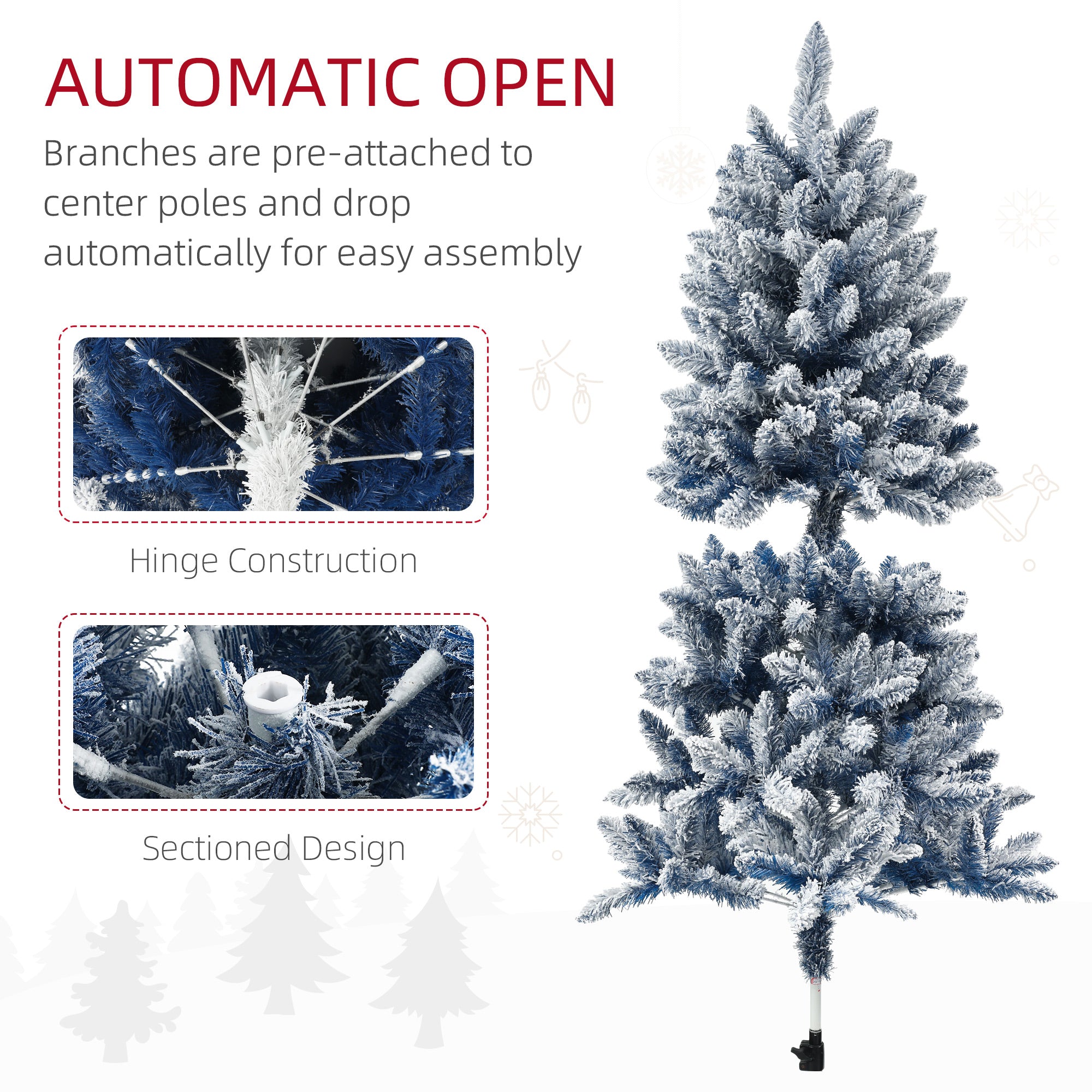 HOMCOM 5ft Flocked Artificial Christmas Tree with 450 Snow Frosted Tips, Metal Stand, Snowy Hinged Xmas Tree, Blue - North Peak Garden Furniture