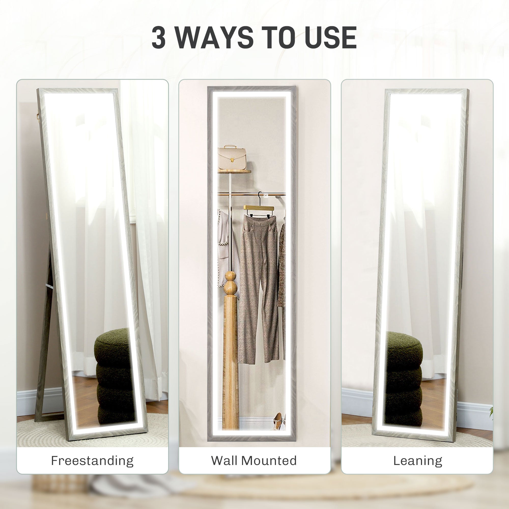 HOMCOM Full Length Mirror, with Adjustable Outer Light, Grey - North Peak Garden Furniture