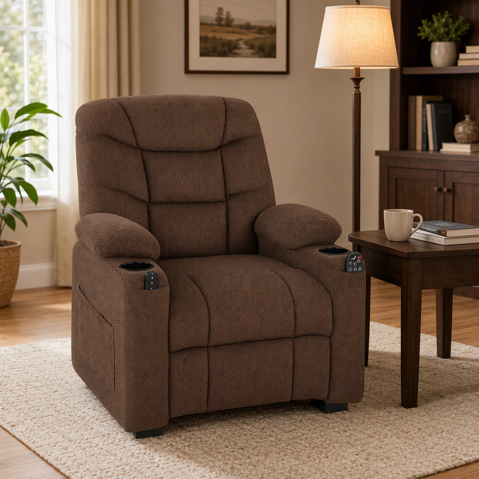HOMCOM Electric Massage Recliner Armchair with Vibration, Heat, Whisper-Quiet Motor, Memory Function, Fleece Power Reclining Chair with Spring Pack, USB Port, Footrest, Side Pocket, Brown