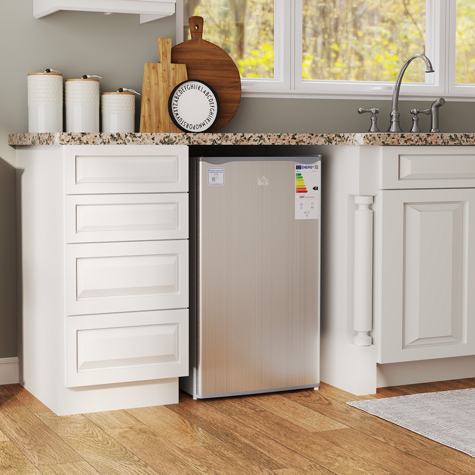 HOMCOM 91L Freestanding Under-Counter Fridge with Lock - Silver Tone - North Peak Garden Furniture