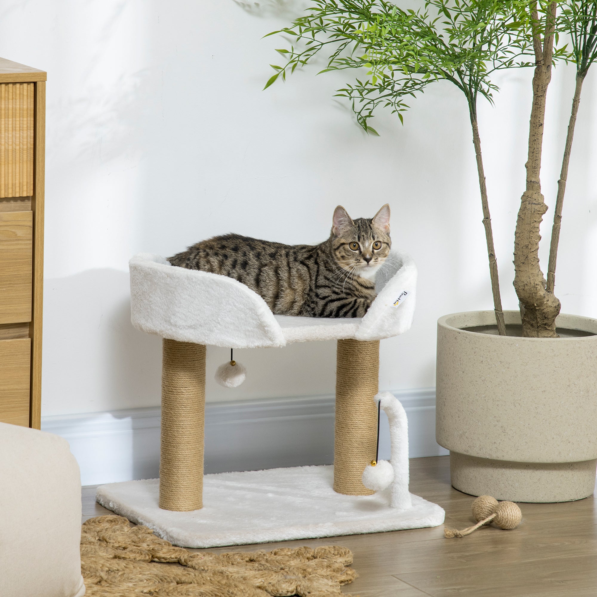 PawHut 42cm Indoor Cat Tree, with Toy Balls, Jute Scratching Post - White - North Peak Garden Furniture