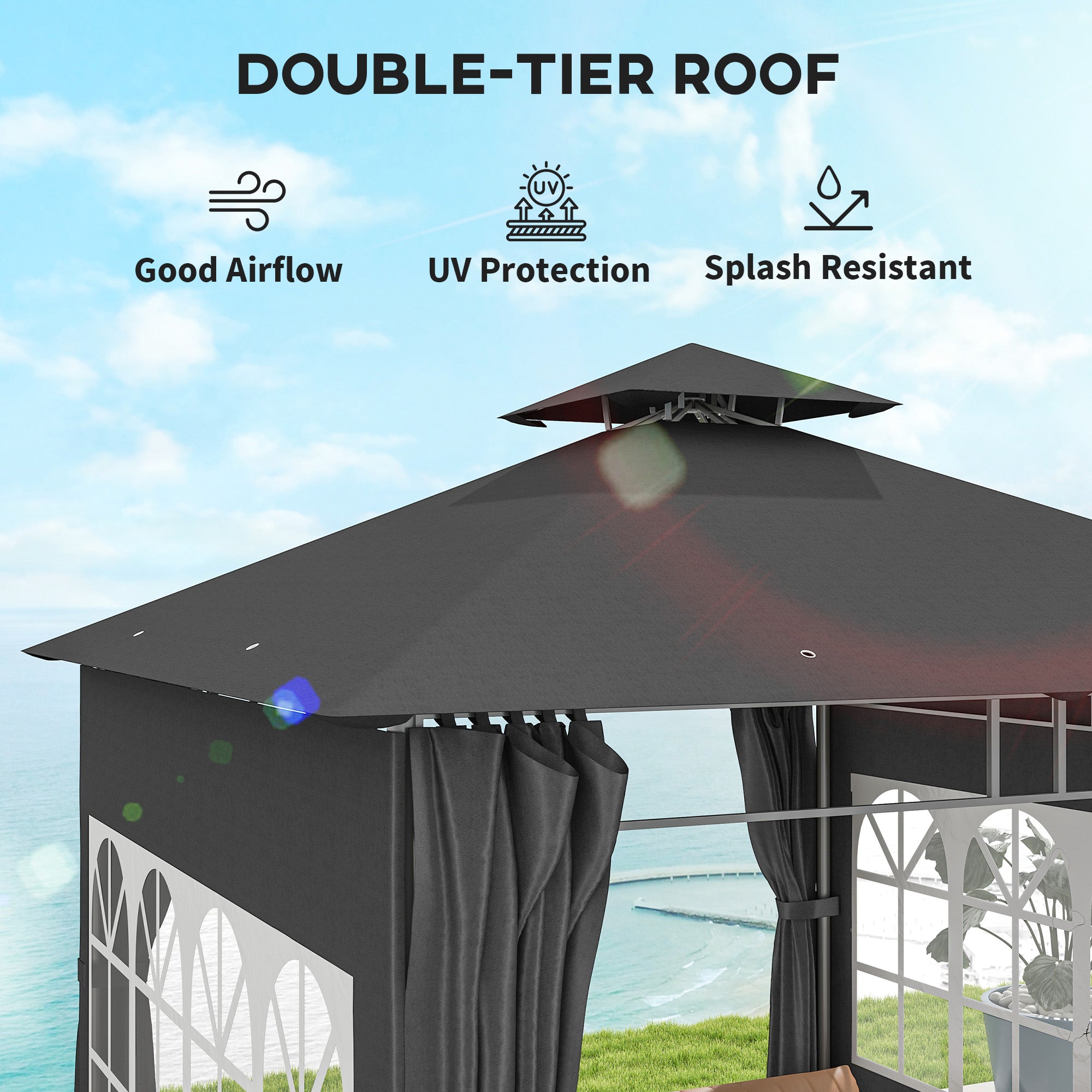 Outsunny 3 x 3 m Garden Gazebo, Double Roof Metal Gazebo with Removable Sidewalls and Church Windows, Outdoor Canopy Shelter, Dark Grey - North Peak Garden Furniture