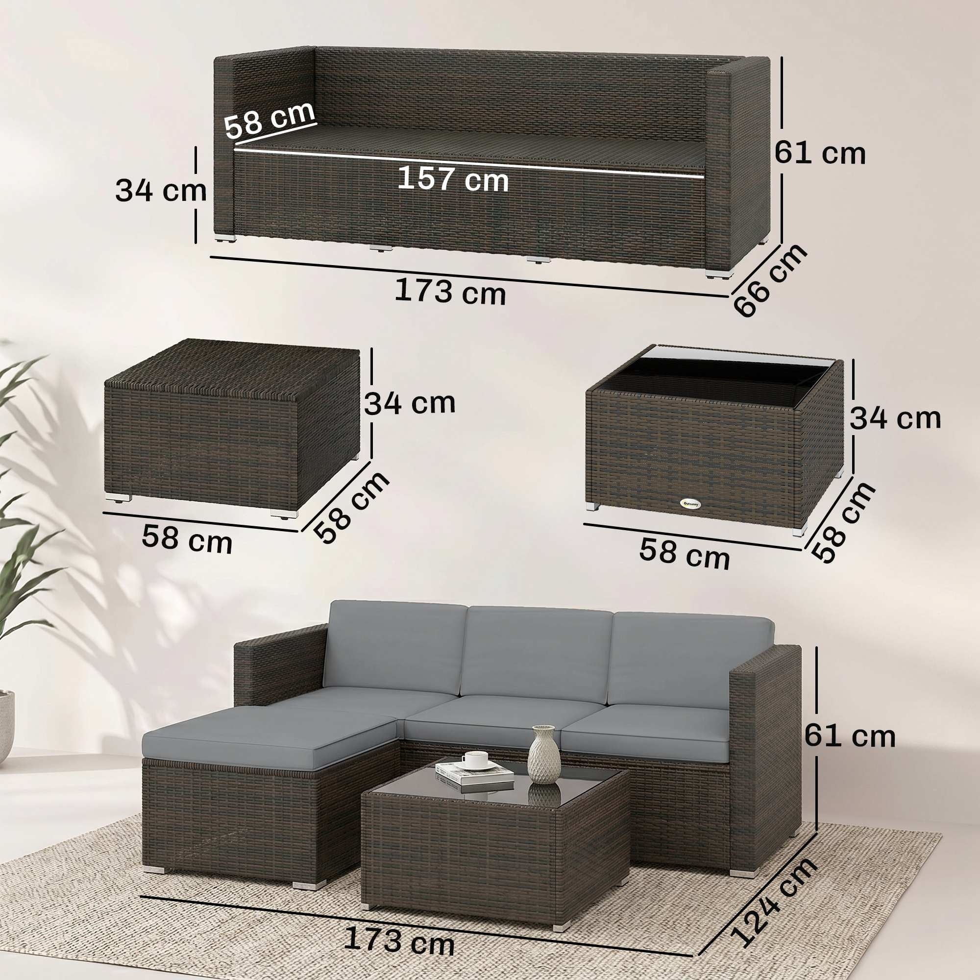 Outsunny 3 Pieces Garden Furniture Set w/ Cushions, PE Rattan Wicker Conversation Corner Sofa Set, Light Grey