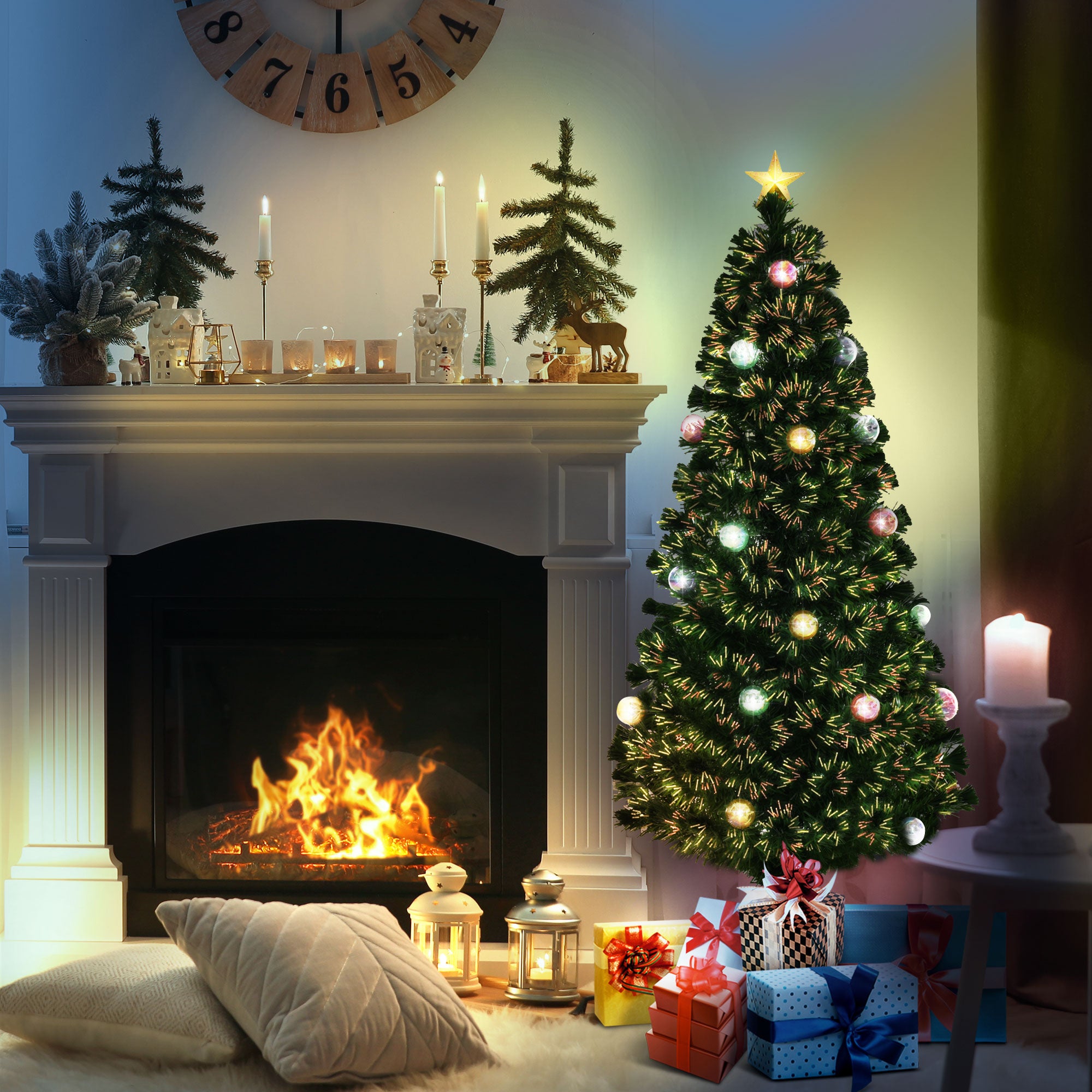 HOMCOM 5FT Prelit Artificial Christmas Tree with Fibre Optics, Baubles Decoration, Golden Pot for Holiday, Home - Green - North Peak Garden Furniture