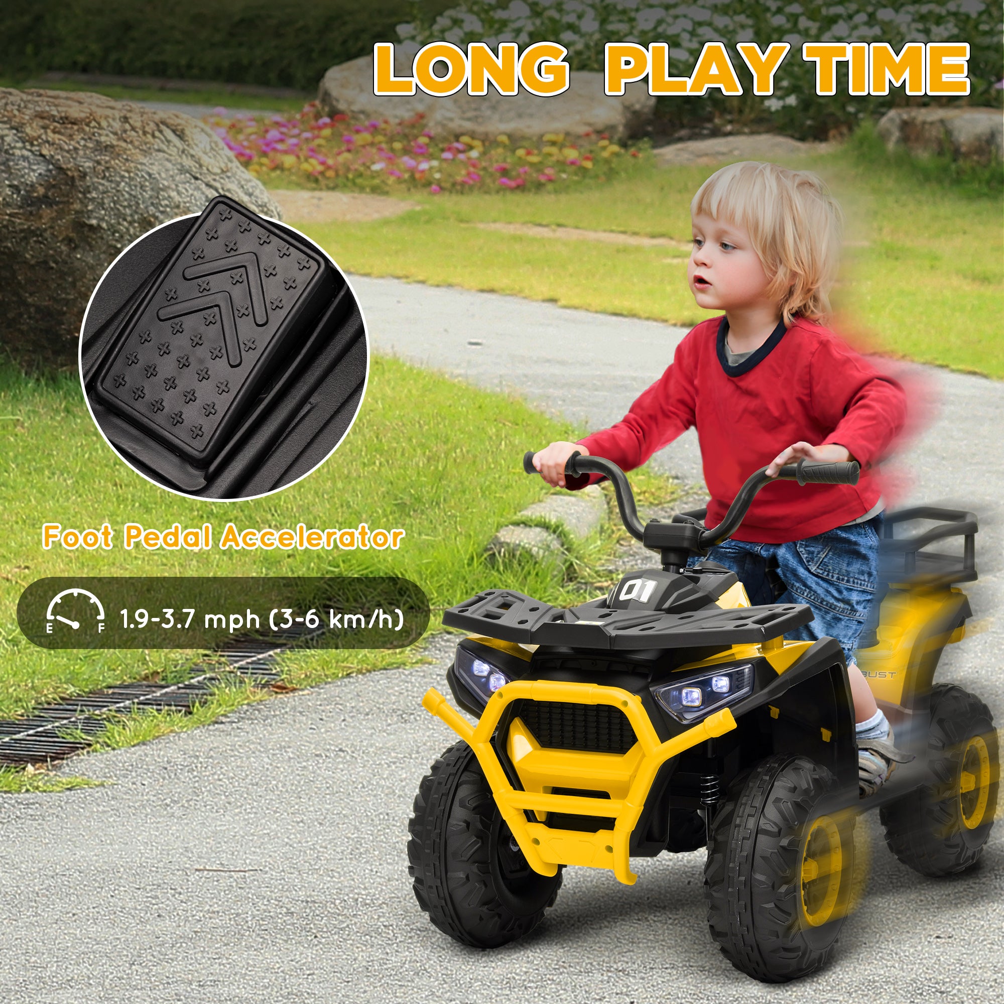 AIYAPLAY 12V Kids Electric Ride on ATV, Battery Powered Quad Bike w/ Spring Suspension, Forward Backward, Storage Basket - Yellow - North Peak Garden Furniture
