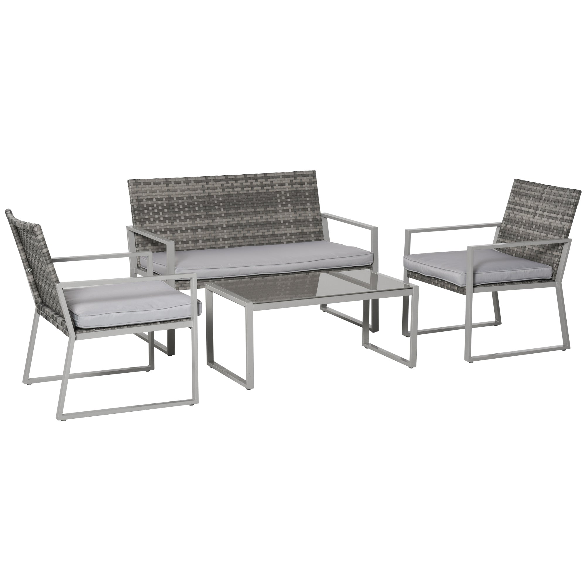 Outsunny 4PC Rattan Garden Furniture Set 2 Single Sofa Arm Chairs 1 Bench with Cushions & Coffee Table Patio Backyard Wicker Weave - North Peak Garden Furniture